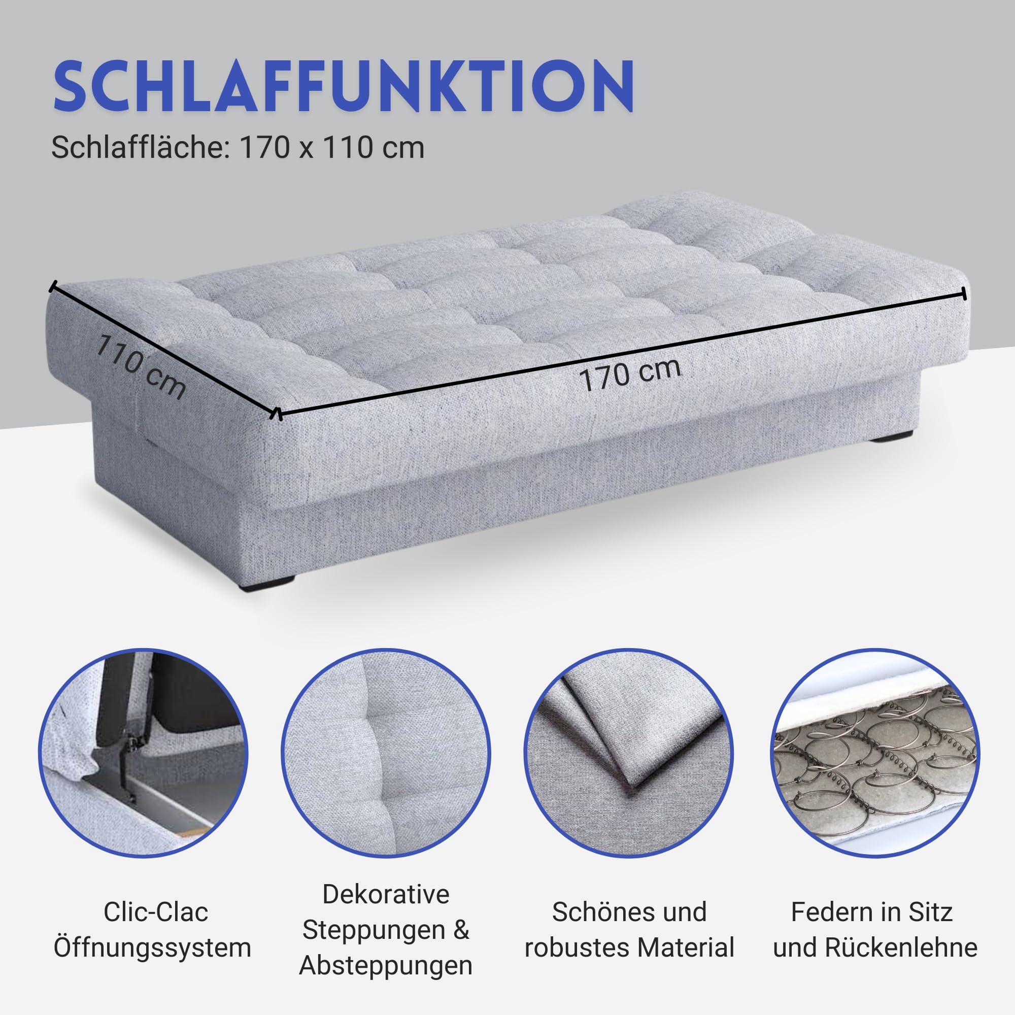 Schlafsofa mit Bettkasten Livia, Schlafcouch 170cm Breit, Sofa mit Schlaffunktion, Federkern, Klappsofa mit Bettfunktion, Zusätzlicher Stauraum, Praktisch und Funktionell, Sofa Grau