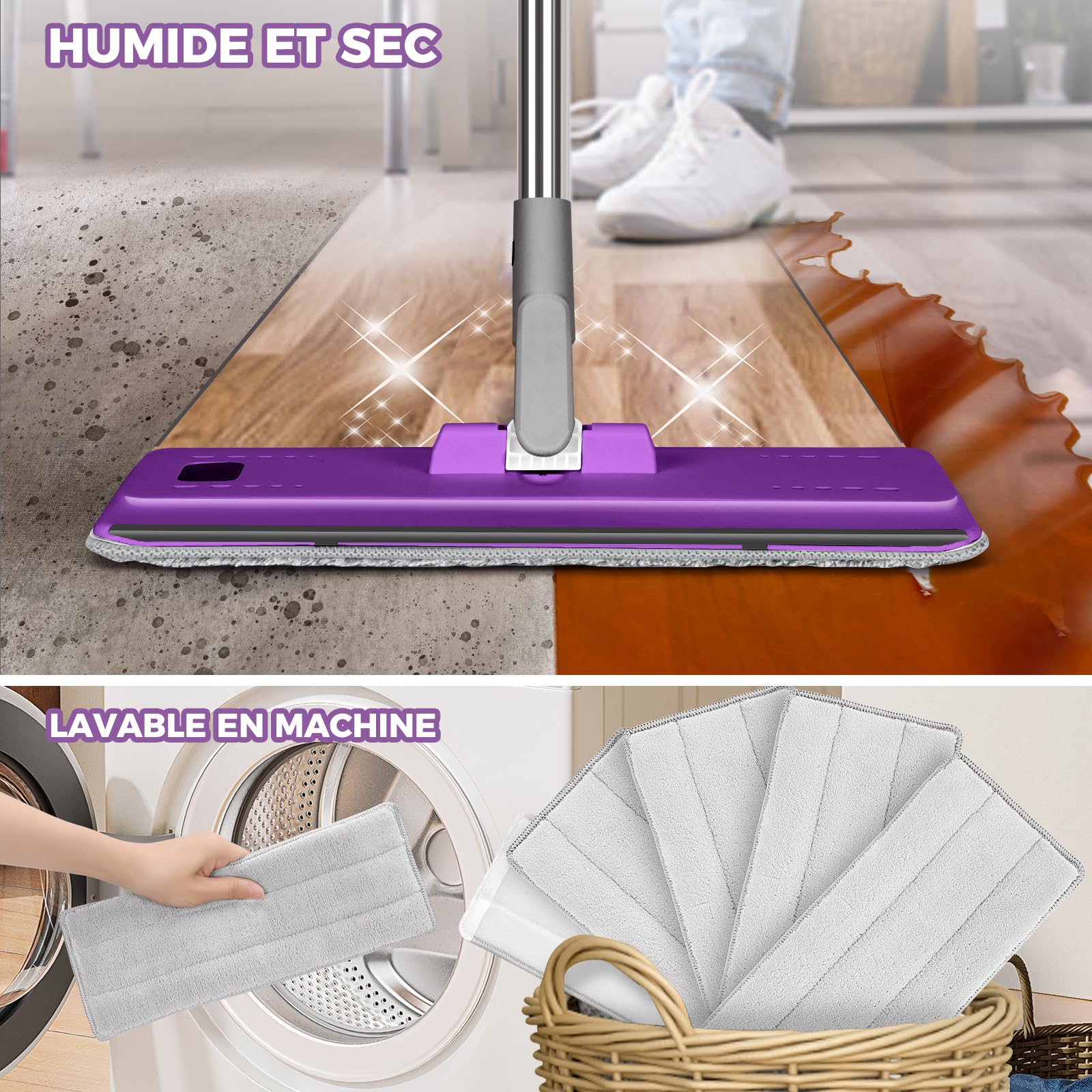 HEVOL Balai Serpillère Essoreur avec Seau, Balai Serpillère Autonettoyante avec 5 Tampons Réutilisables, Balai Plat Microfibre Rotative 360° pour Nettoyer Sol, Violet