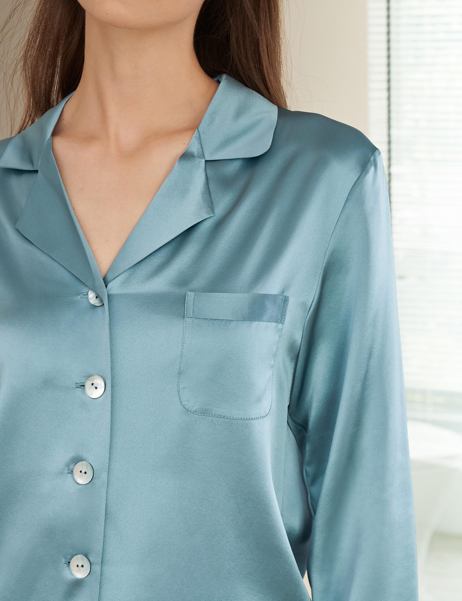 LilySilk Damen 100% Reiner Seide Pyjama-Set Frauen Luxus Langarm-Oberteil mit Knopfleiste und elastischer Unterteil-Loungewear-Schlafanzug