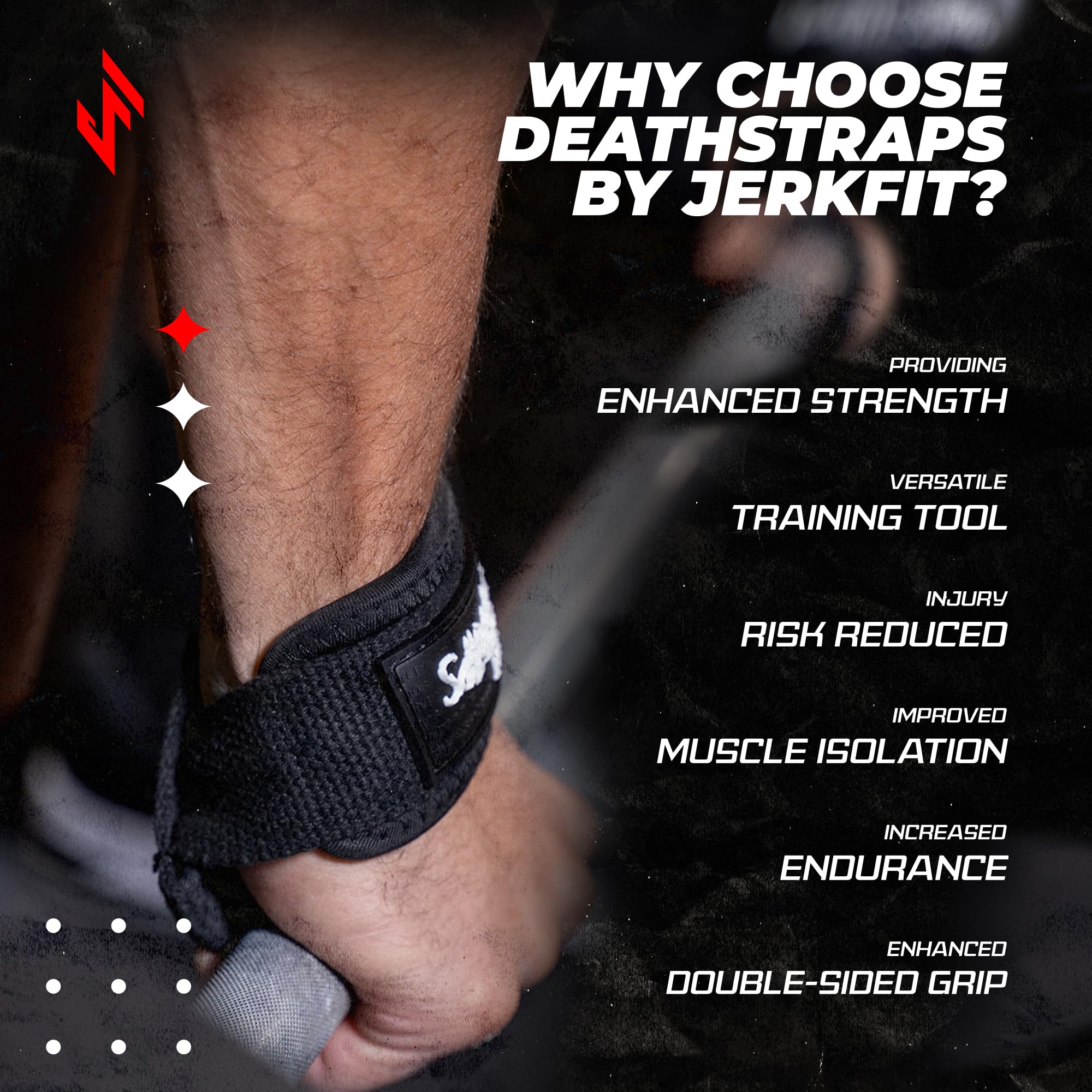 JerkFit Death Straps - czerwone paski do podnoszenia ciężarów dla mężczyzn, kobiet - trwałe paski na nadgarstek do podnoszenia ciężarów, treningów na siłowni, martwego ciągu, trójboju siłowego - paski