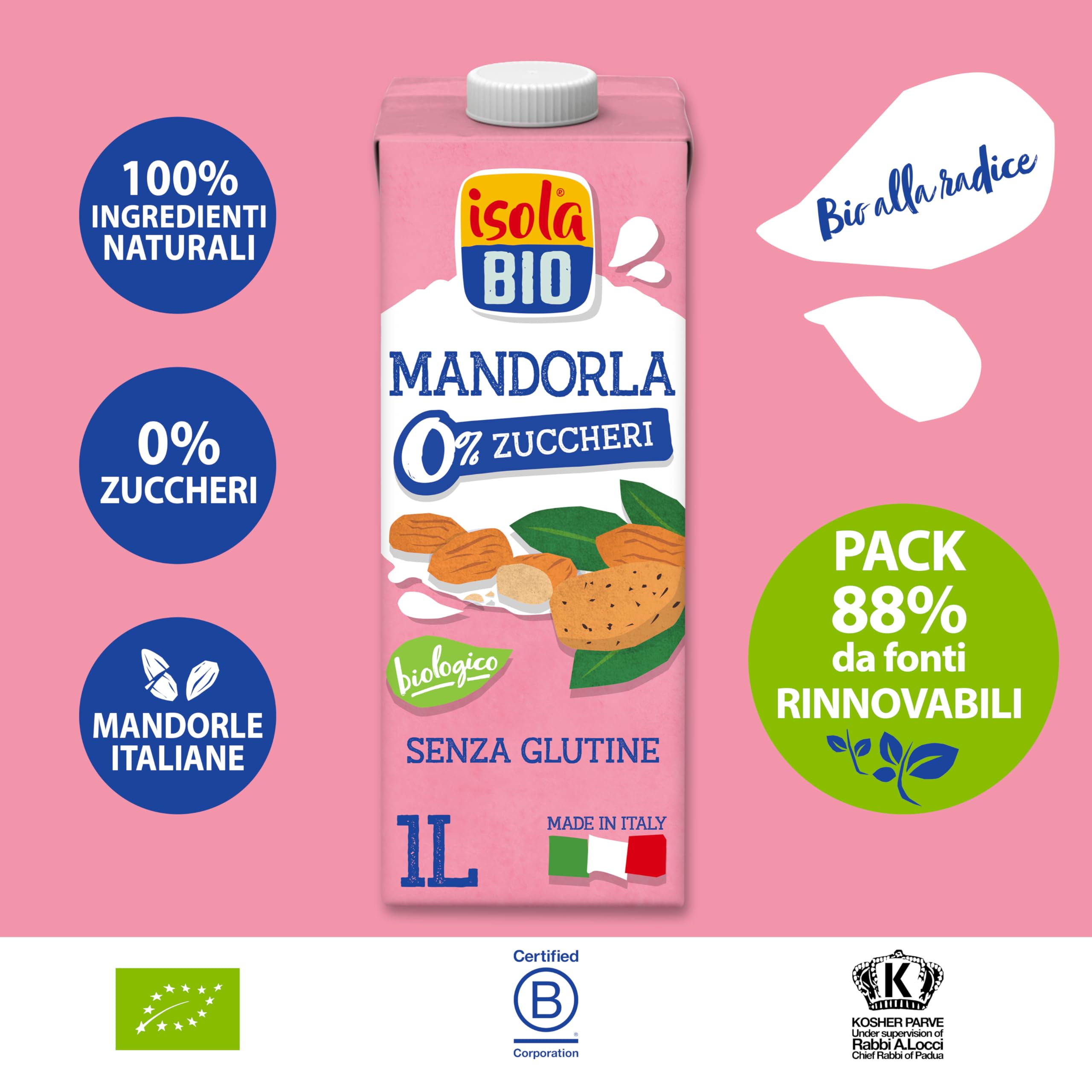 ISOLA BIO Bevanda di Mandorla Zero Zuccheri Biologica, 100% Ingredienti Naturali, Senza Glutine, a Basso Contenuto di Grassi, per Vegetariani e Vegani, 6 Confezioni da 1 Litro