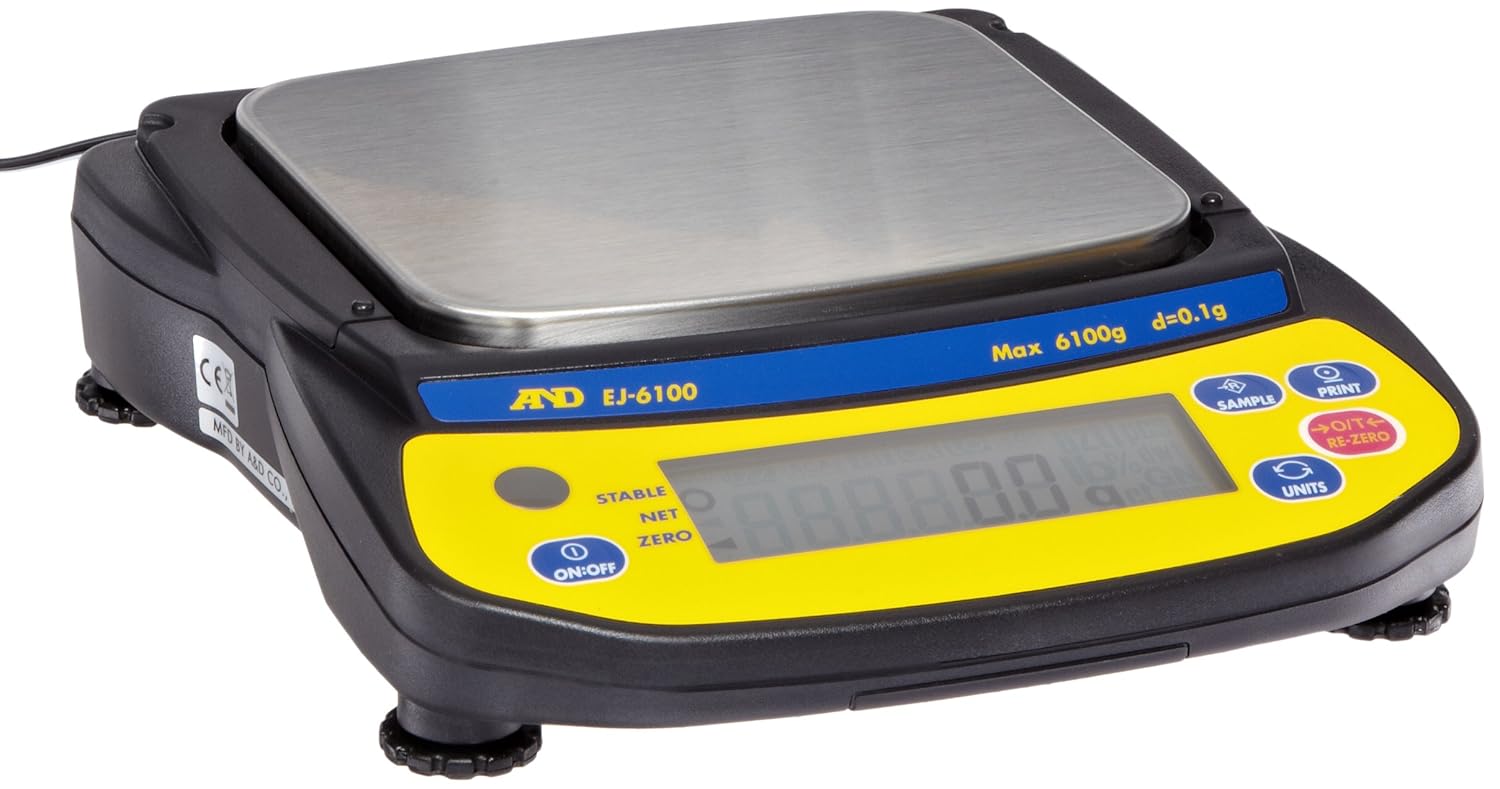 A&D Engineering EJ6100 Newton Compact Electronic Toploading Balance with LCD Display, 127mm x 140mm Pan, +/-0.2g Linearity, 6100g Capacity, 0.1g Readability