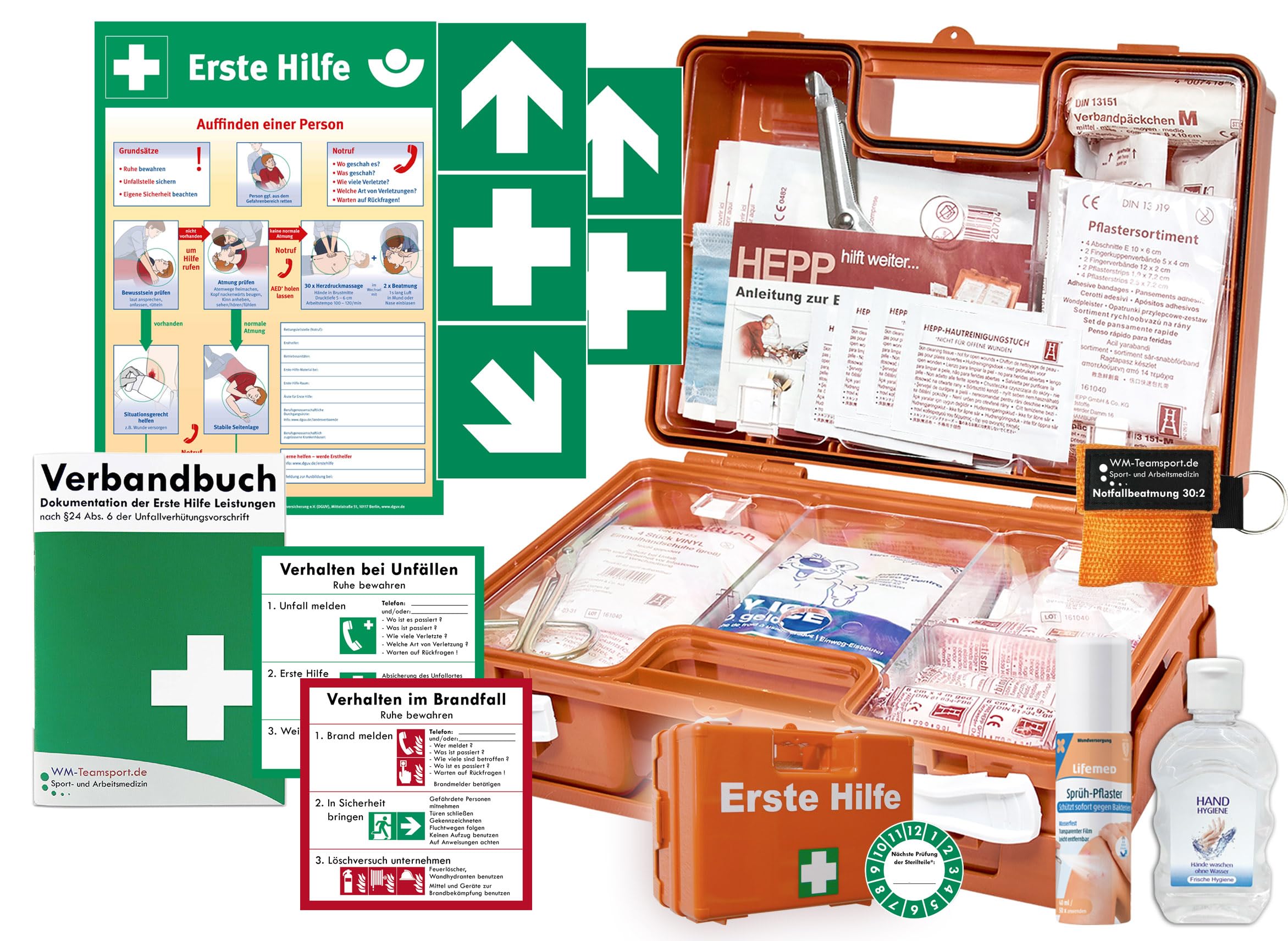 Erste-Hilfe-Koffer M5 QUICK für Betriebe - aktuelle DIN/EN 13157 -KOMPLETTPAKET- inkl. Notfallbeatmungshilfe + Sprühpflaster + Hygiene-Gel