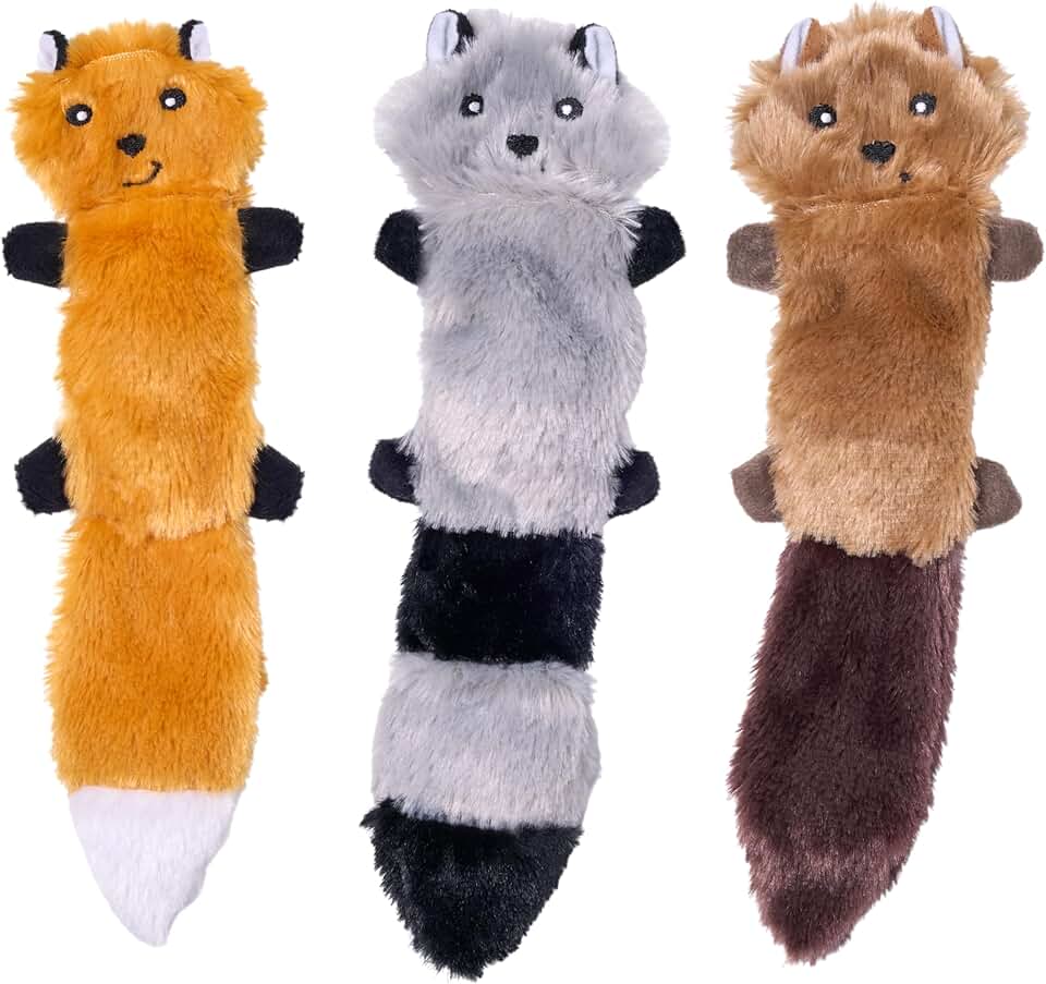 ZippyPaws Skinny Peltz - No Stuffing Dog Toy Pack to Keep Them Busy, for Small and Medium Dogs, Squeaky Pet Toys, Unstuffed Chew Toys, Soft Plush Variety Pack, Fox, Raccoon, and Squirrel - 11"