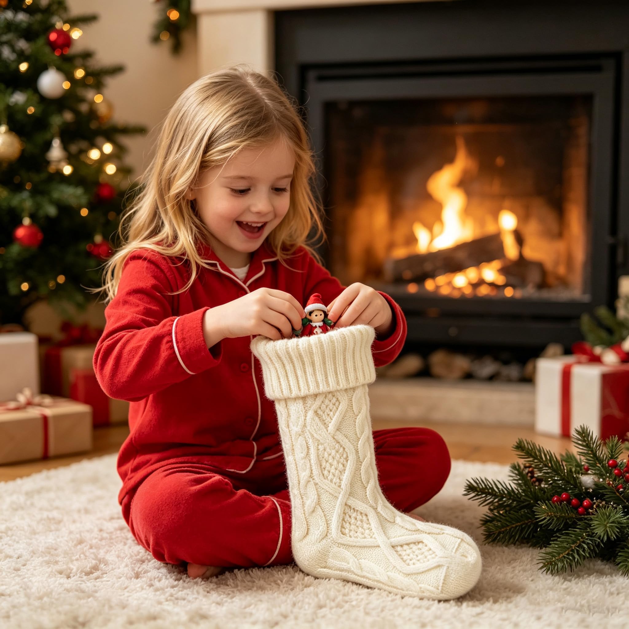 Lot de 6 chaussettes de Noël en tricot torsadé avec étiquettes | Lot de 6 grandes chaussettes de Noël en tricot avec étiquettes en bois personnalisées – Design en tricot torsadé pour