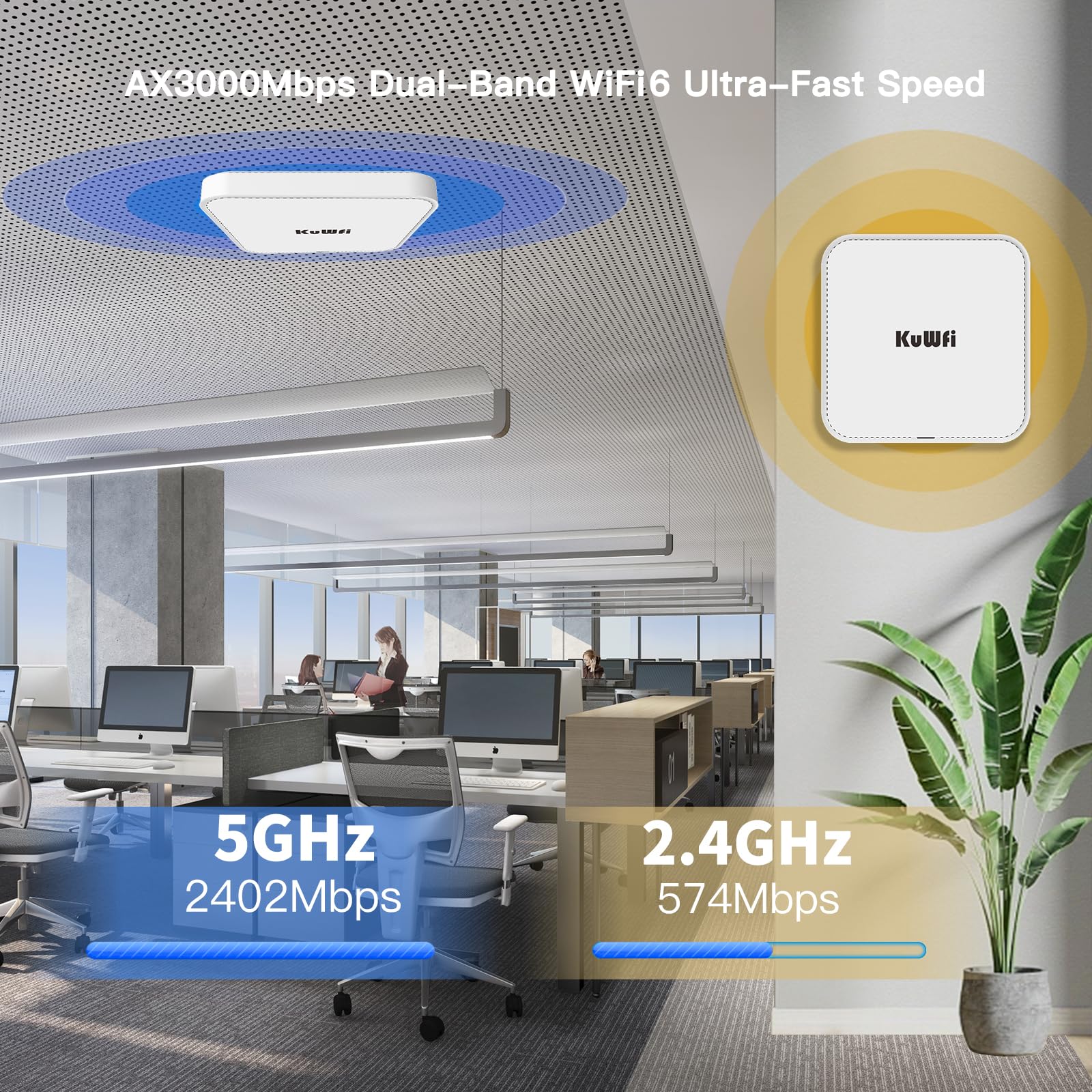 KuWFi WiFi 6 AX3000 Ceiling Mount Access Point, Long Range Ceiling Mounted WiFi 6 Wireless Access Point Dual Band POE Access Point 2x2 MU-MIMO | Seamless Roaming | Cloud Managed