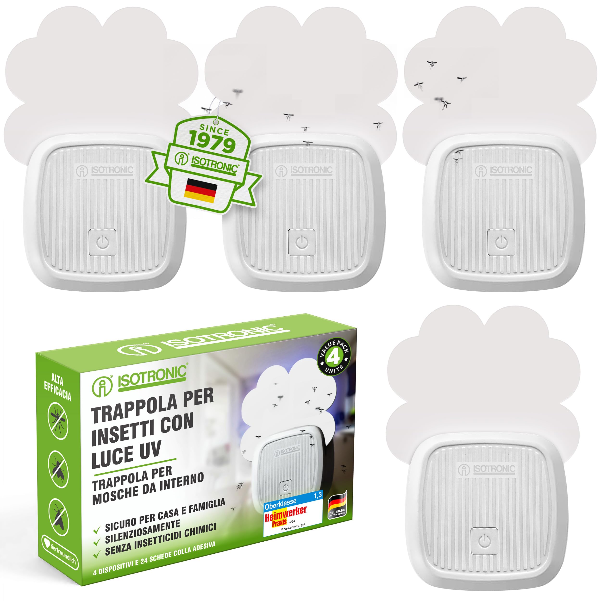 ISOTRONIC antizanzare presa elettrica mosche falene protezione luce UV pellicole adesive silenzioso interno trappola raggio 20m² 4 pezzo efficace casa camera difesa senza veleno stop insetti volo