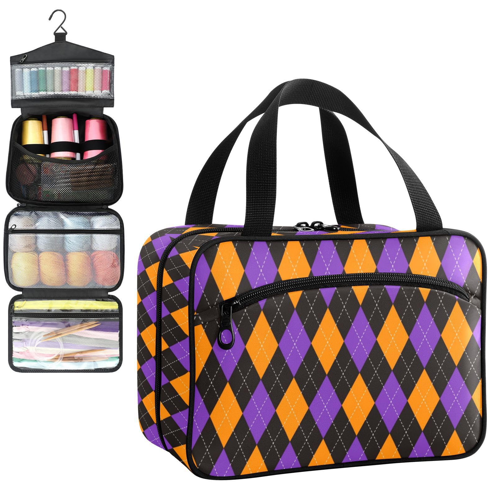 YNNALE Sewing Supply Organizer Bag, Purple Orange Black Colored Plaid Portable Sewing Bags with Pockets&Hanger, Sewing Storage Box Case for Sew Supplies/Kit/Tools/Accessories (BAG ONLY)