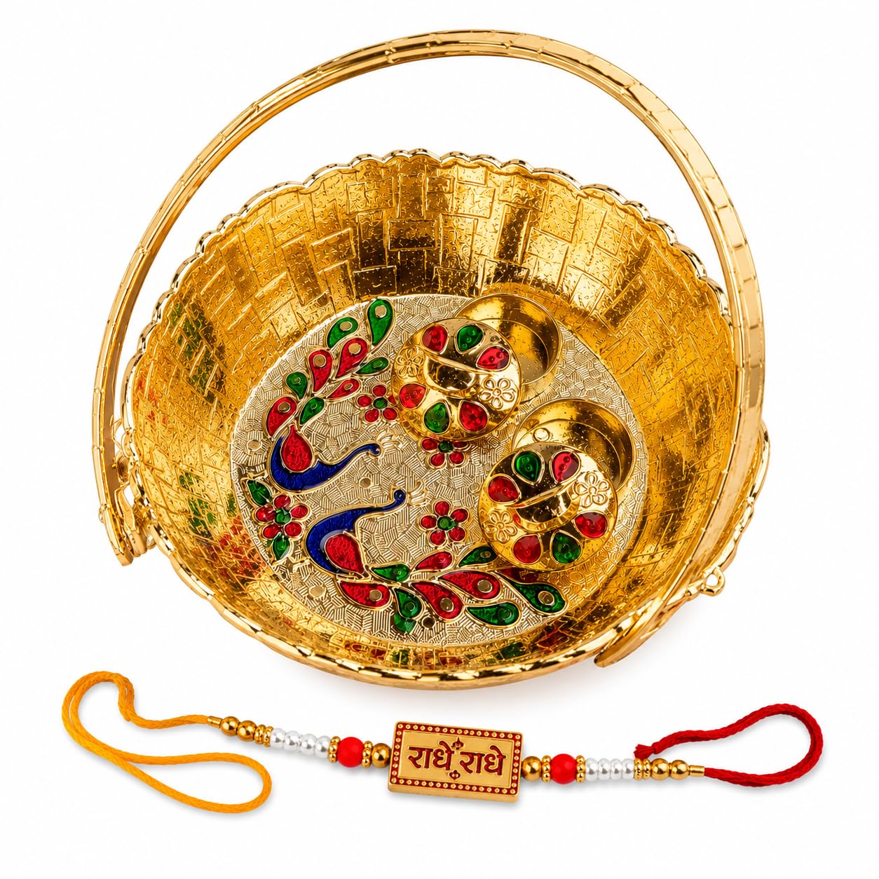 Rakshabandhan Decorative Basket with Handle (6x6 Inch) with free 1 Rakhi– Golden Finish Cutwork Design | Multipurpose Pooja, Flower Basket, Gift Hamper, Home Decor Tray-image-46