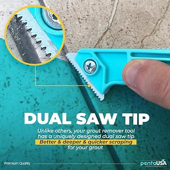 PentaUSA Large Grey Grout Filler and Grout Removal Tool Bundle - 13.4 oz Fast Drying Grout Repair Kit, Restores Tiles Joints, Tile Grout Scraper Saw