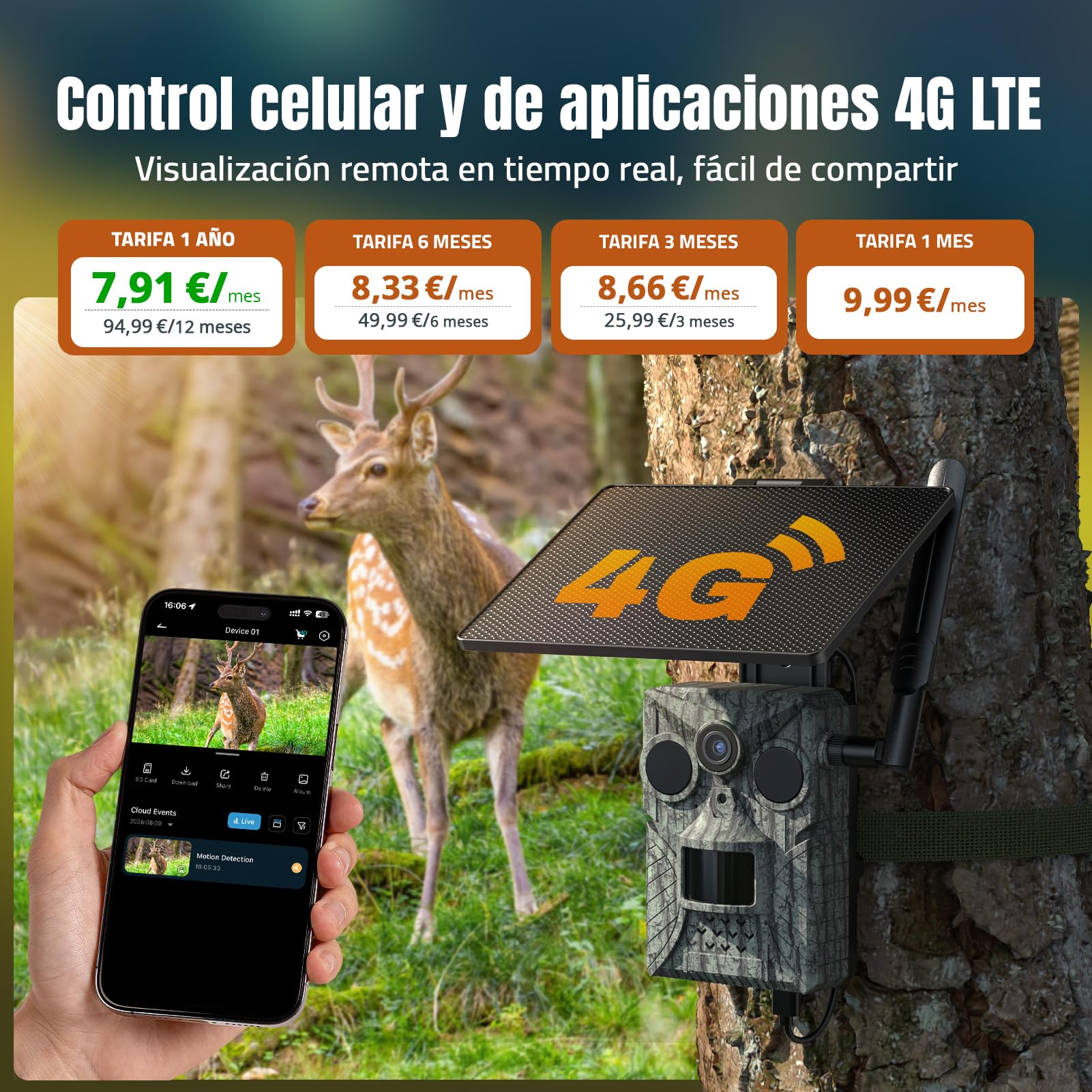 DEATTI 4G Solar Camara Fototrampeo con App Reconocimiento Animal por AI, 2K