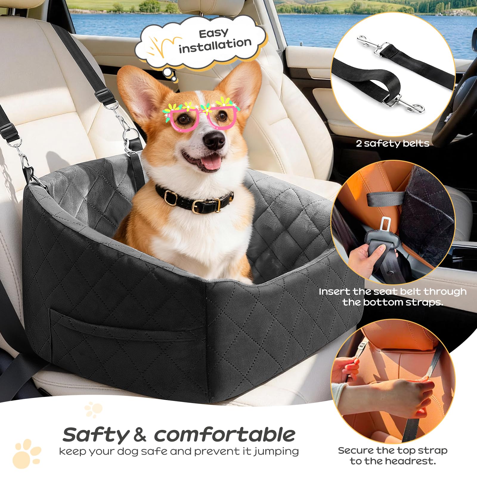Dog Car Seat for Small Dogs Up to 30 Lbs, Pet Travel Safety Bed for Puppy Cat, Fits in Front/Back Seat, Anti Slip Base, Fully Detachable Washable with 2 Safety Tether(Grey-Black) - image 4