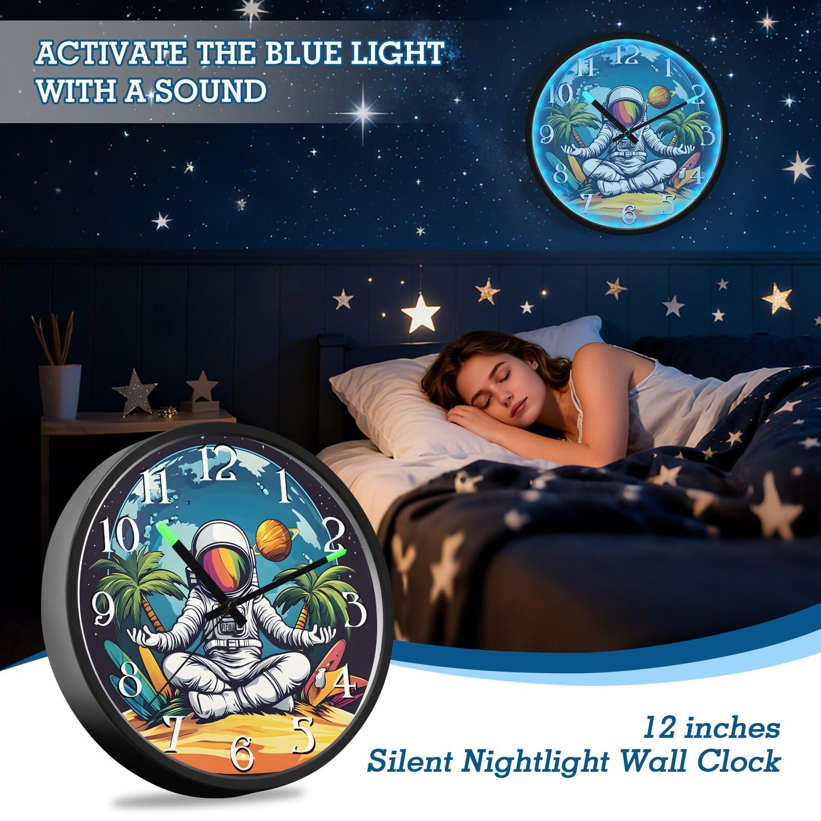 Mnsruu Earth Beach - Reloj de pared luminoso con diseño de astronauta y palmera, funciona con pilas, silencioso, brilla en la oscuridad, para sala de estar, cocina, 12 pulgadas