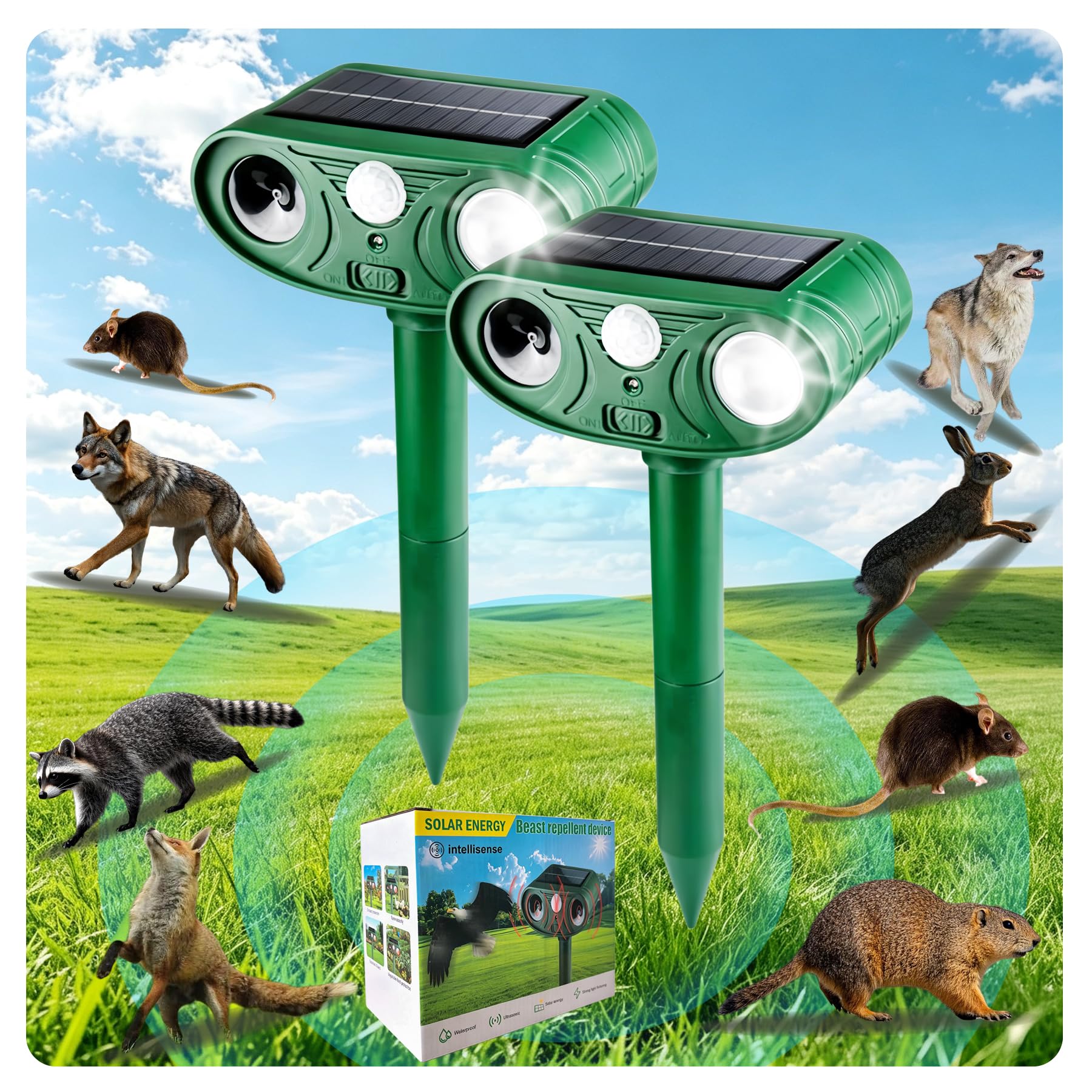 2026 Nouveau répulsif intelligent à ultrasons à ultrasons - Détecteur de mouvement + lumières stroboscopiques clignotantes - Répulsif extérieur étanche pour cerfs, chats, lapins, écureuils, chiens