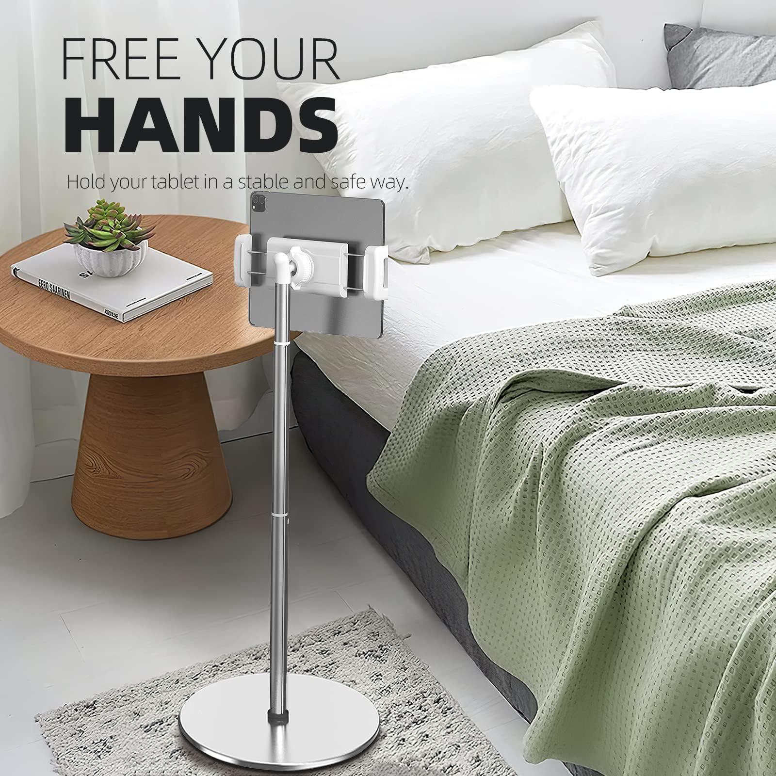Tablet Floor Stand, Height Adjustable (16.5-66.1 inch), 360 gradi rotante, alluminio lega Cradle Mount Dock for 4.7"-12.9" Screen iPhone Samsung, iPad, Kindle, eBook Reader (bianco)