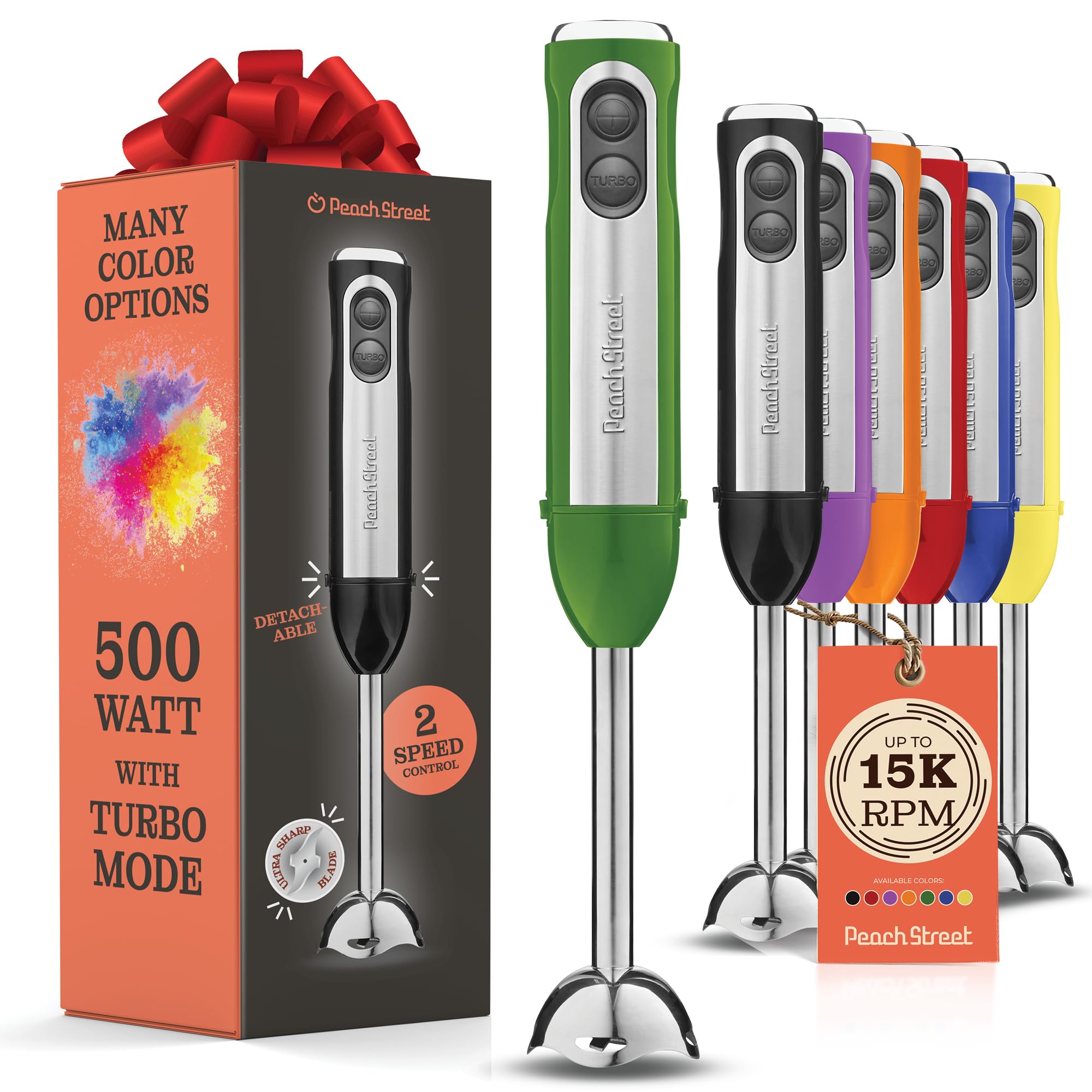 Powerful Immersion Blender, Electric Hand Blender 500 Watt with Turbo Mode, Detachable Base. Handheld Kitchen Blender Stick for Soup, Smoothie, Puree, Baby Food, 304 Stainless Steel Blades (Green)