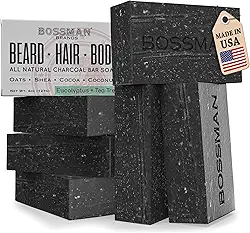 Bossman Pacote com 6 sabonetes em barra 4 em 1 para homens – Lavagem de barba totalmente orgânica natural, xampu, sabonete corporal e sabonete de barbear – Aroma de eucalipto e melaleuca
