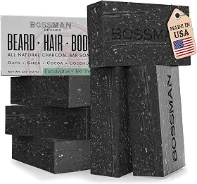 Bossman Pacote com 6 sabonetes em barra 4 em 1 para homens – Lavagem de barba totalmente orgânica natural, xampu, sabonete corporal e sabonete de barbear – Aroma de eucalipto e melaleuca