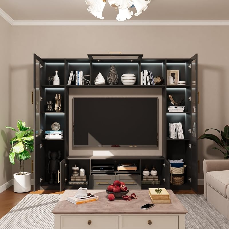 4-Piece Entertainment Center Wall Unit, Multifunctional TV Stand with Tempered Glass Door/LED Lights, Up-Flip Door & Shelves, Large Console Storage Cabinet Set for TVs Up to 70", Black