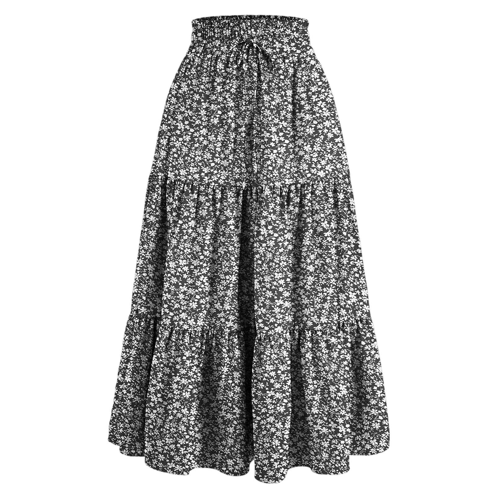 Womens Skirts Midi Length Winter Flowy Tiered Pleated Skirts High Waisted Ruffle A Line Renaissance Skirt