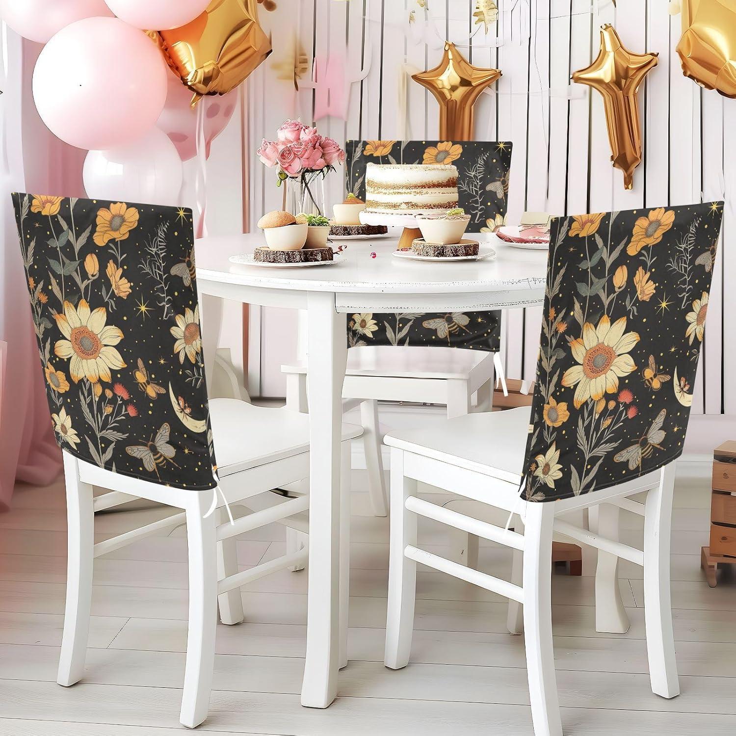 ALAZA Bee Flowers Moon Stars Chair Back Cover Set of 6, Washable Reusable Removable Chair Slipcovers Decorative Chair Cover for Home Kitchen Wedding Party