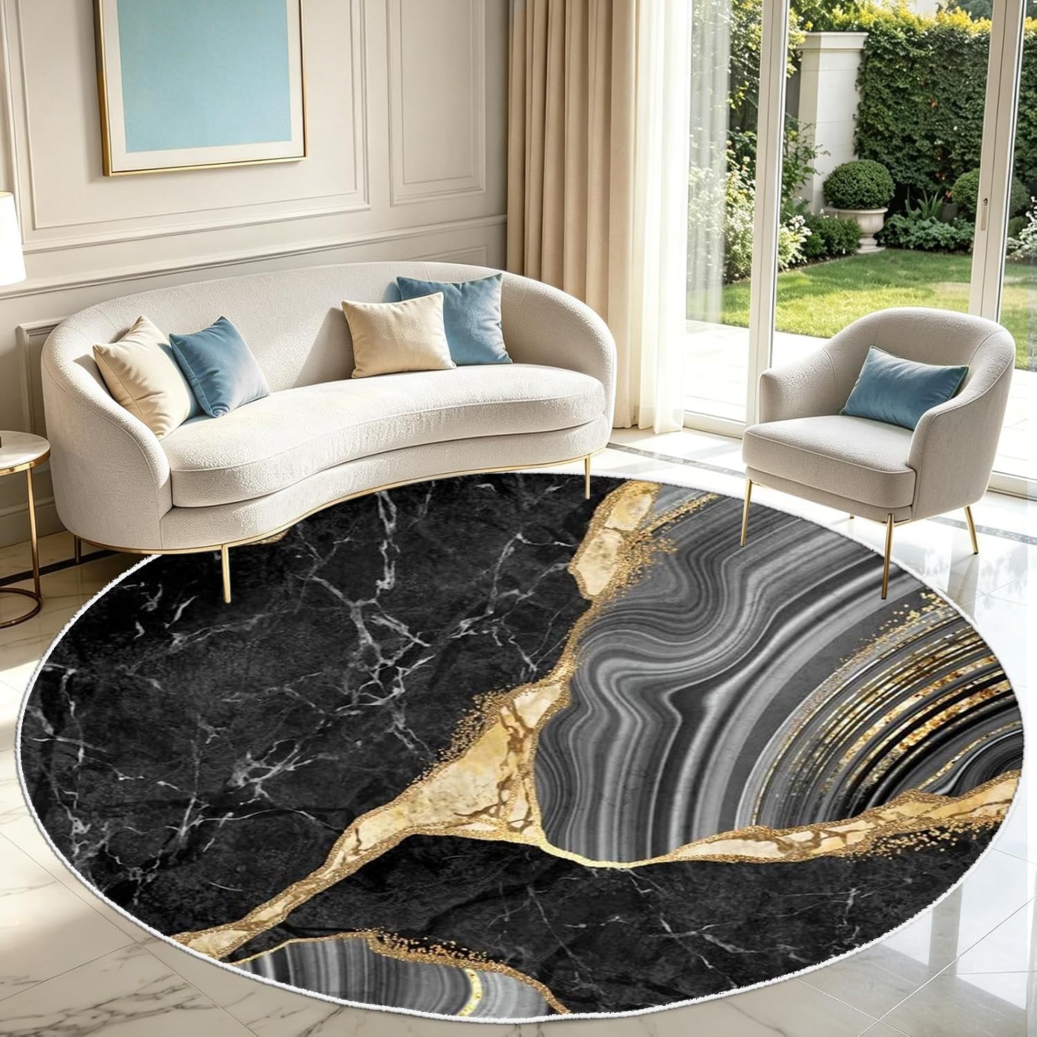 PDENZG Black and Grey Gold Marble Round Rug,240cmAbstract Modern Marble Decor Round Area Rug, Washable Non-Slip Luxury Fluid Agate Geode Art Black Gold Rugs, for Bedroom Living Room Dining Room