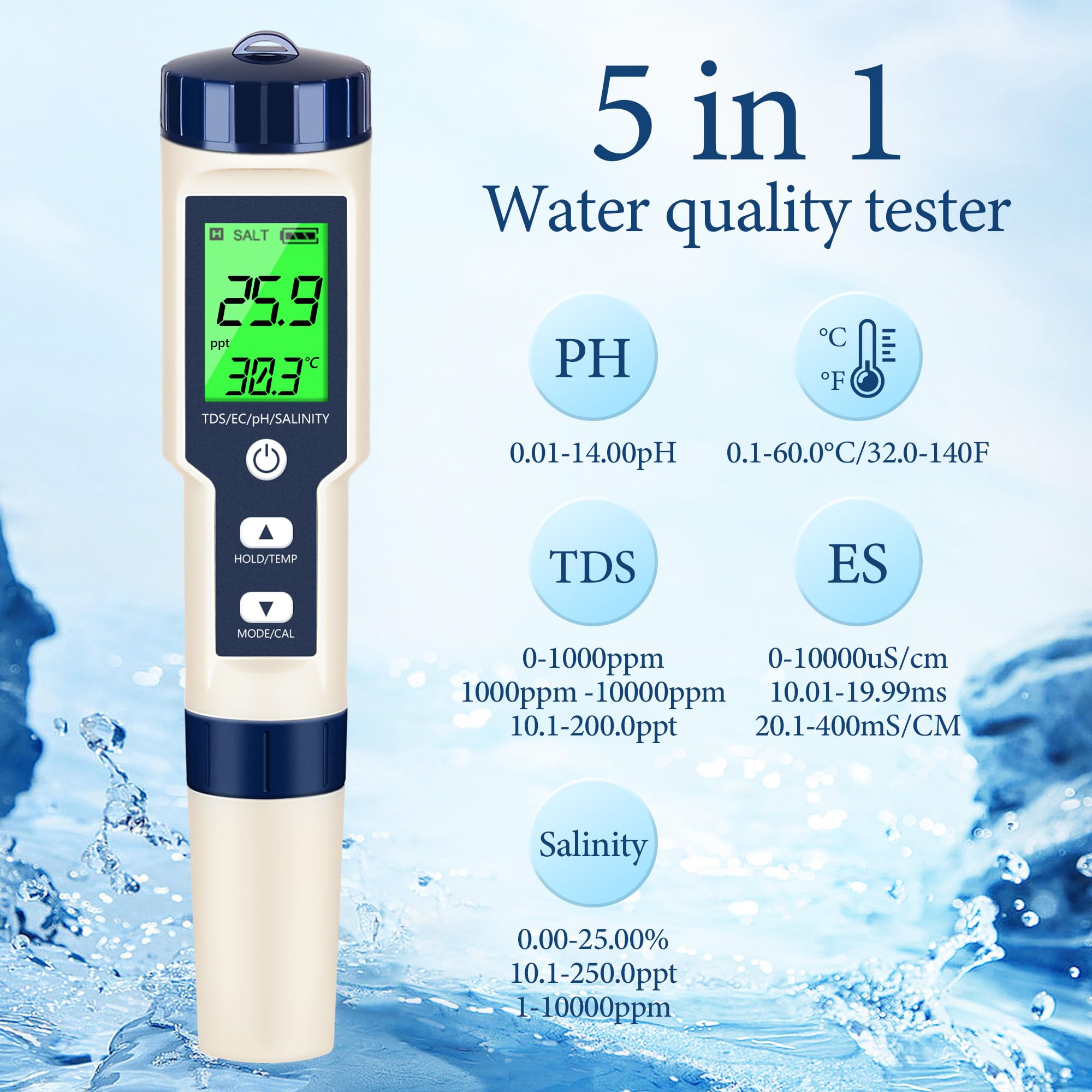 Medidor de pH y medidor de pH digital, probador de agua 5 en 1, probador de salinidad de pH de temperatura EC y TDS, medidor de pH para agua con retroiluminación LCD, kits de prueba de agua para agua
