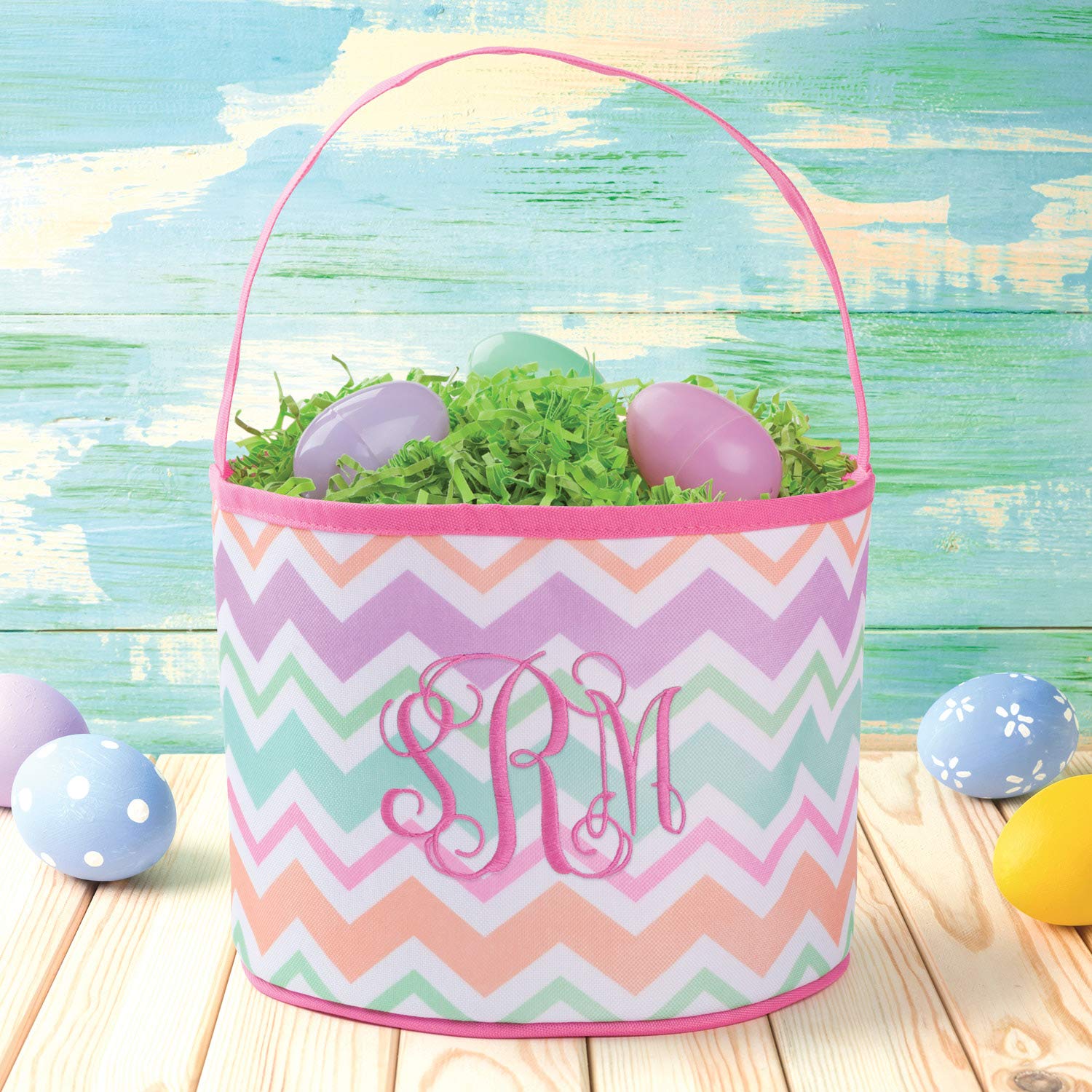 Personalized Chevron Bucket Bag with Custom Monogram | Orange and Pink Stripped Easter Bag with Handle | Soft Egg Basket for Kids | Customized Easter Basket | Great for Book and Toy Storage