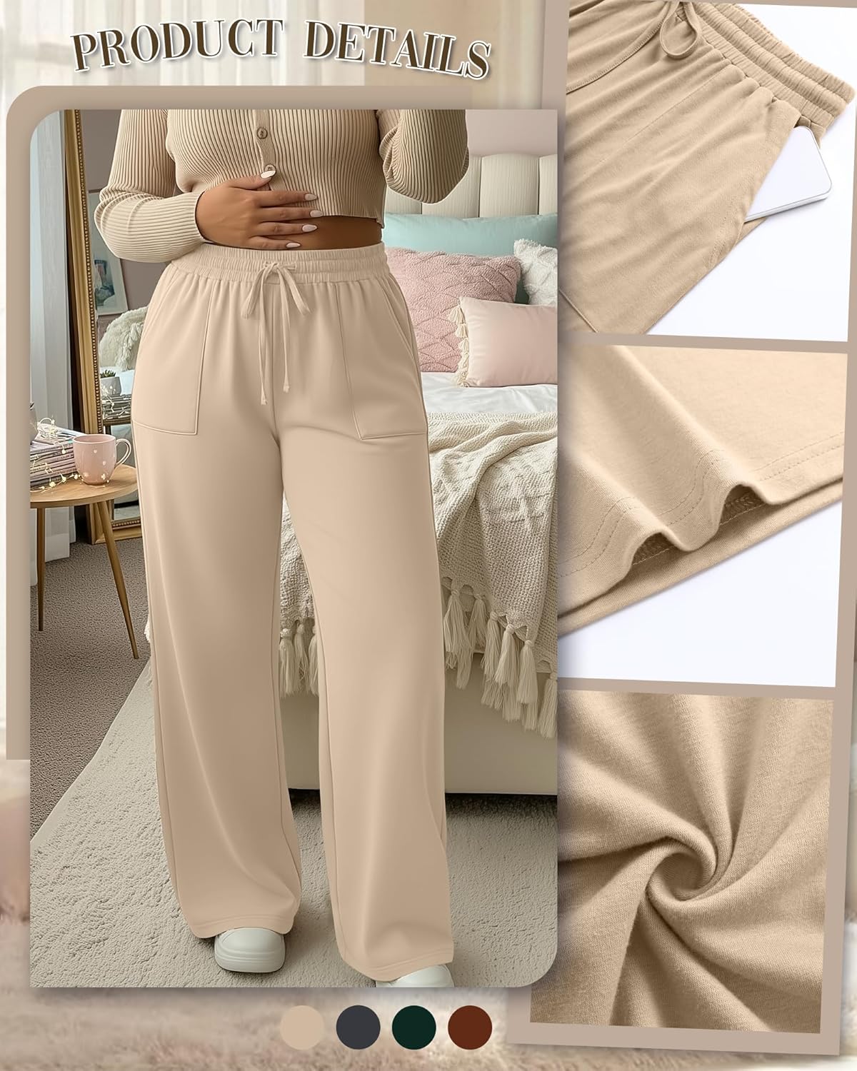 4 Pack Women Plus Size Pants Drawstring Yoga Pants with Pockets Baggy Wide Leg Sweatpants Lounge Palazzo Trousers - Image 3