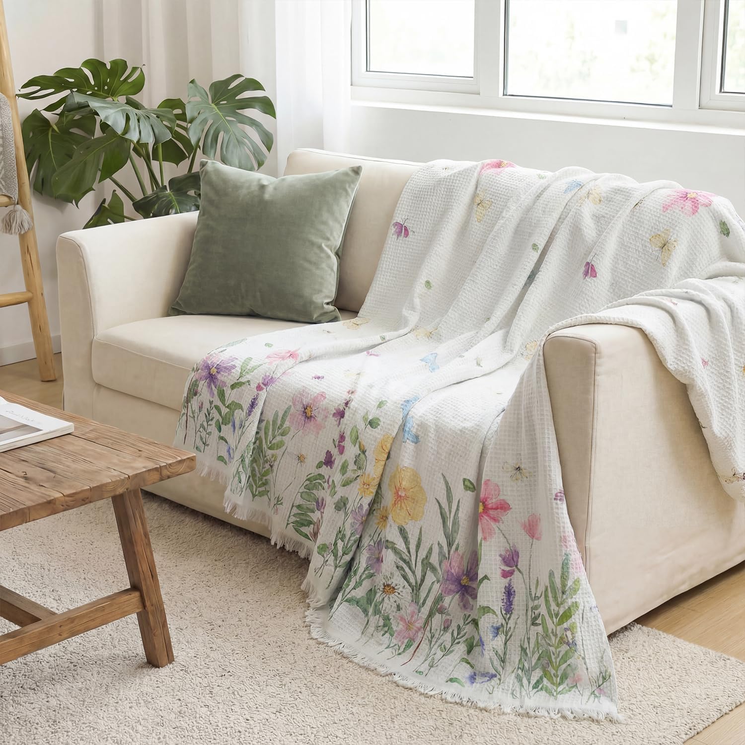 Horaldaily Spring Summer Waffle Couch Sofa Slip Cover, Butterfly Non Slip Washable Couch Sofa Cover for 2 Cushion Pet Friendly, Sectional L Shape Covers for Dogs, Kids,71"x118"