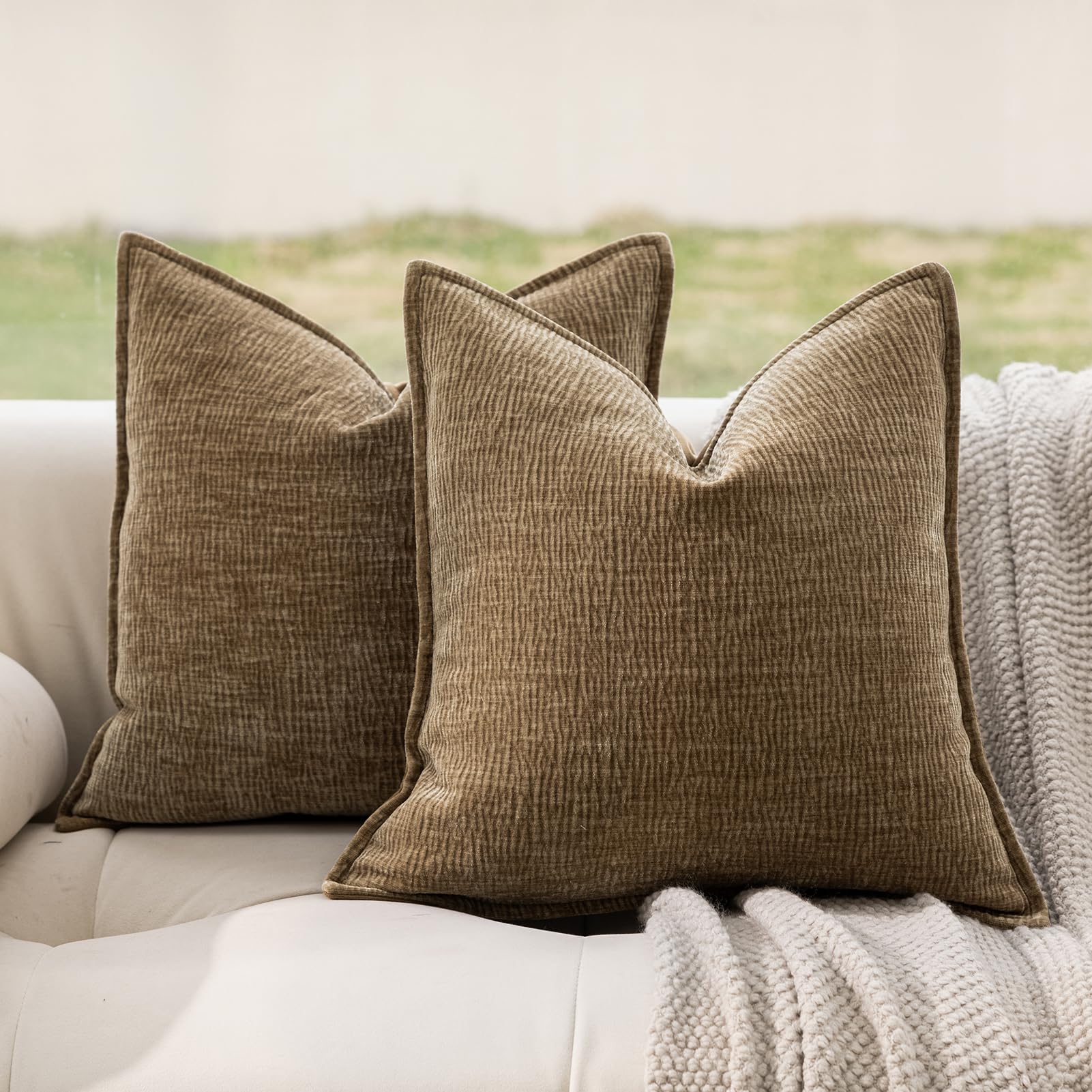 DWR Decorative Throw Pillow Covers Set of 2 20x20 Crinkled Chenille Textured Cushion Covers for Couch Sofa or
