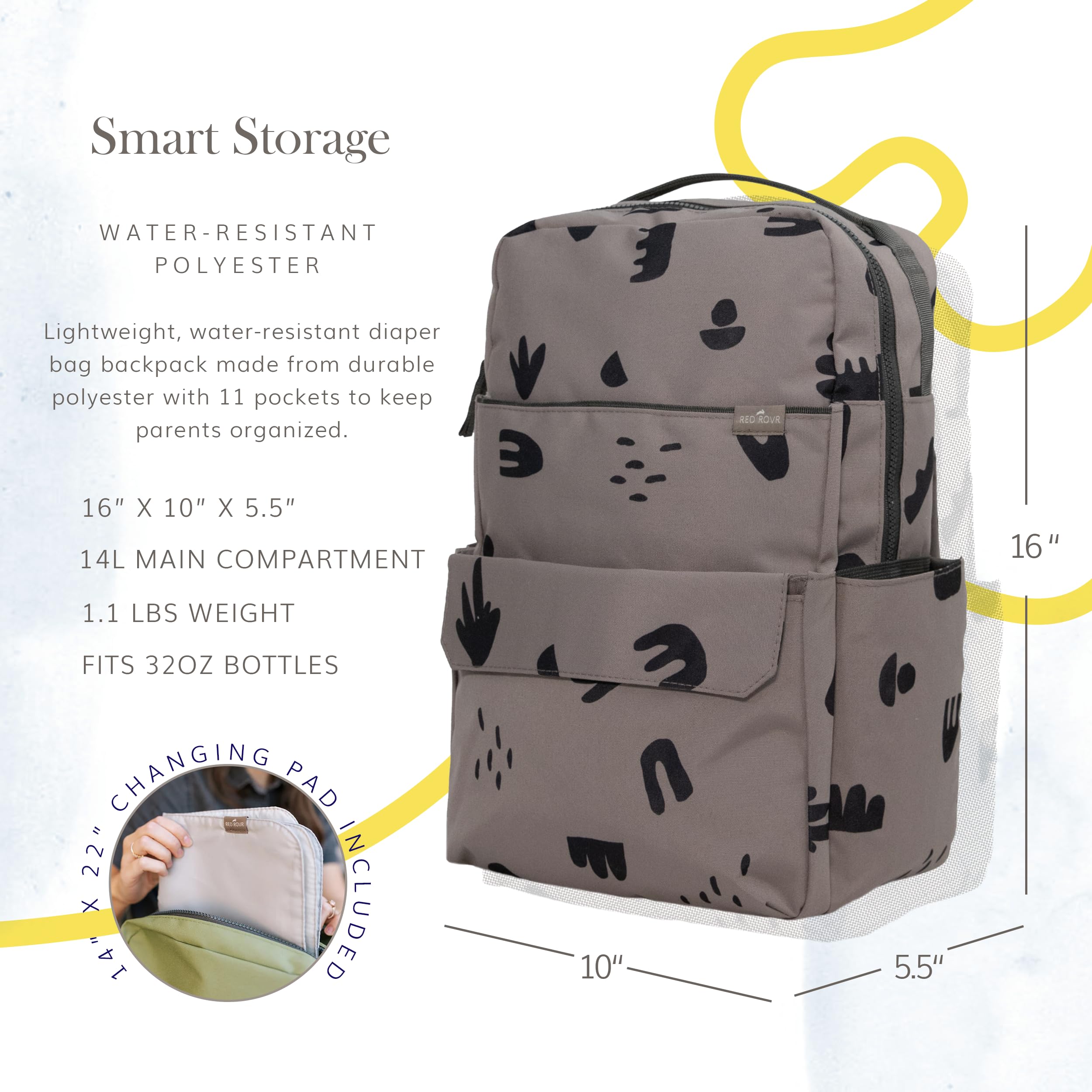 RED ROVR Roo - Mochila para pañales – 1 libra ligera, resistente al agua, lavable a máquina, organizador de bebé de 11 bolsillos