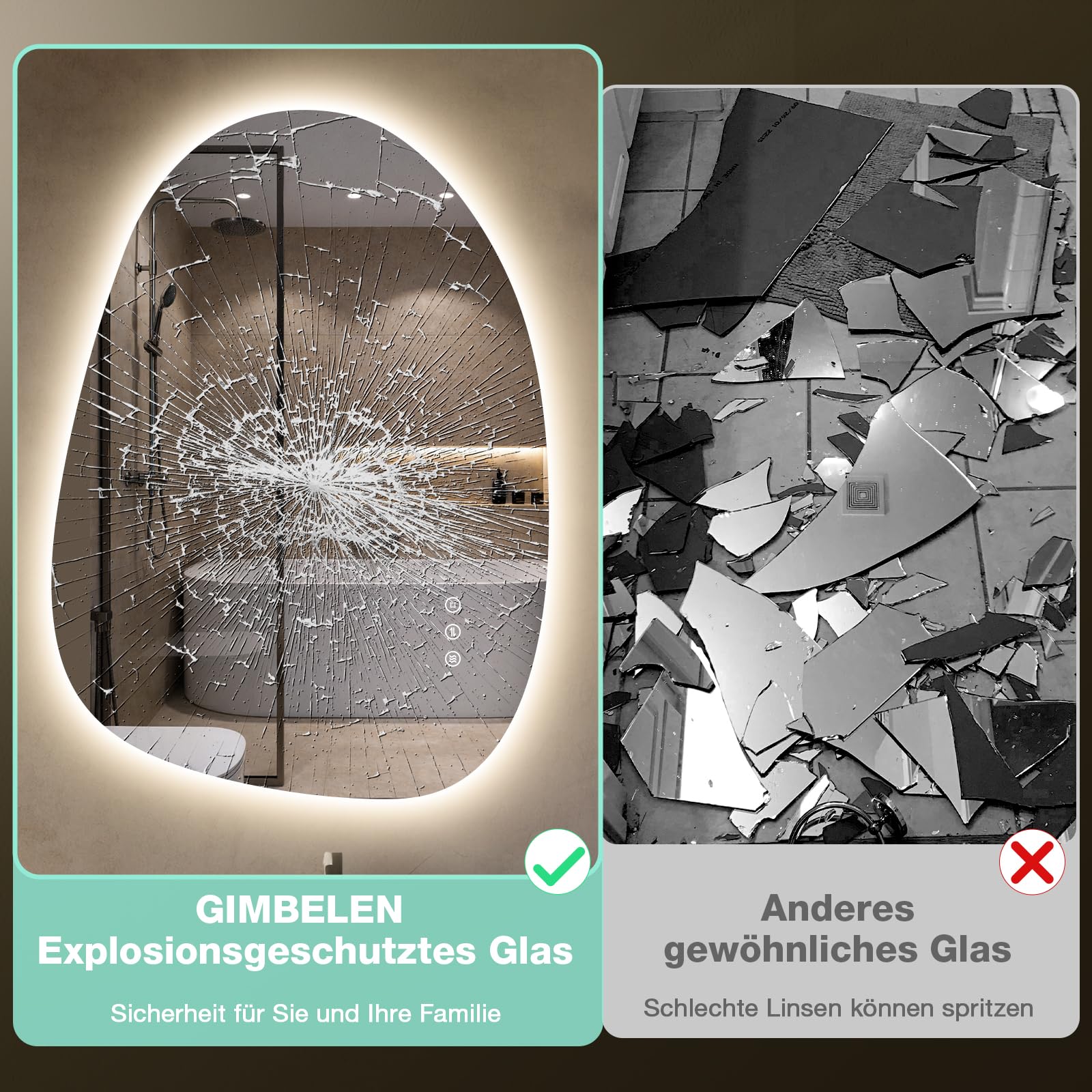 Badezimmer Spiegel mit Beleuchtung 83 × 60 cm, 3 Lichtfarben, Dimmbar, Antibeschlag, Asymmetrischer Spiegel mit Beleuchtung, Touch-Schalter, Memory-Funktion Horizontal/Vertikal