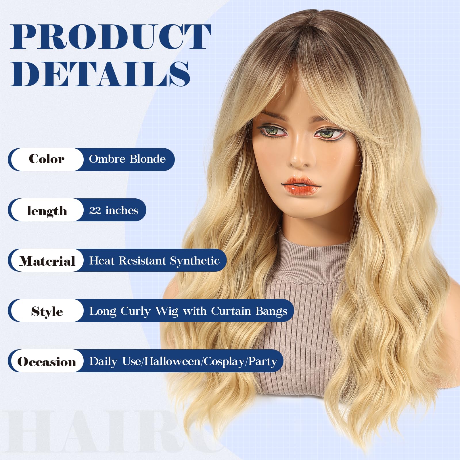 HAIRCUBE Women's Wig, Long Curly Wig with Bangs, Wigs for women in Ombre Blonde,Synthetic Natural Hair, 22 inches - Image 2