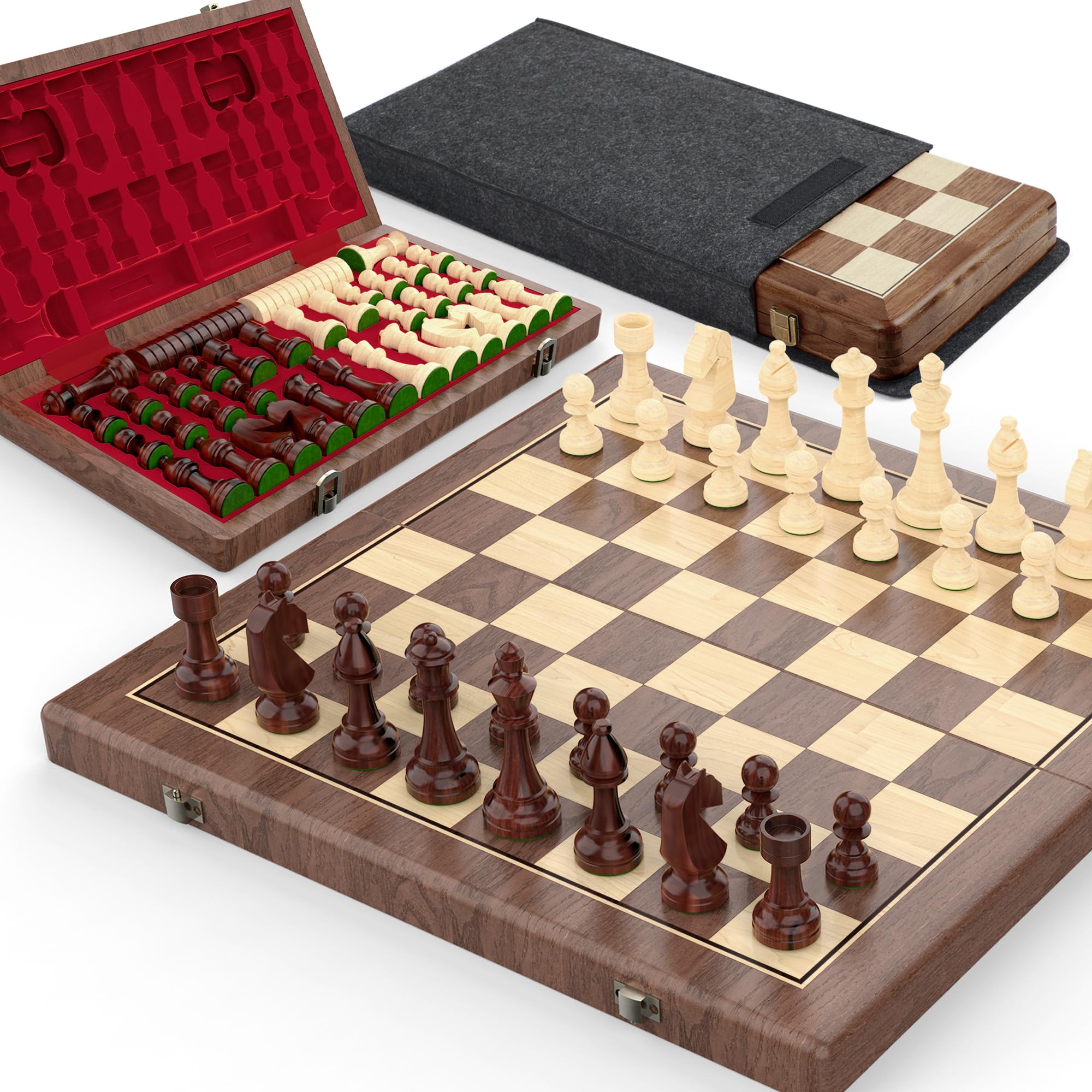 Walnuss Magnetisches Schach- und Dame-Set 2-in-1 Faltbares Holzbrettspiel 38 cm mit Staunton Figuren