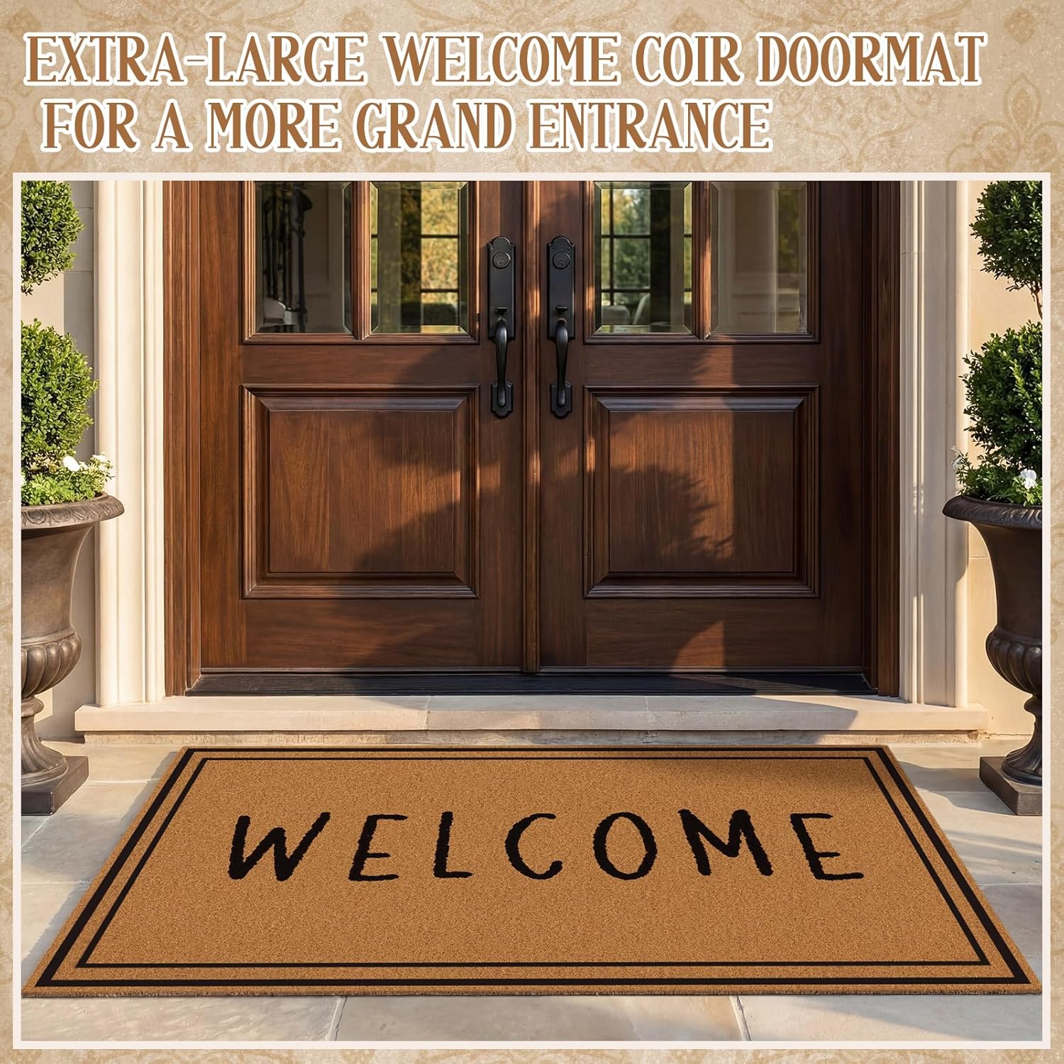 Tinideya 30x48 Inch Extra Large Coir Welcome Door Mat with Anti-Slip TPR Backing, Oversized Welcome Entry Mat with Border Design for Front Door, Porch, Patio, Farmhouse and Home Decor