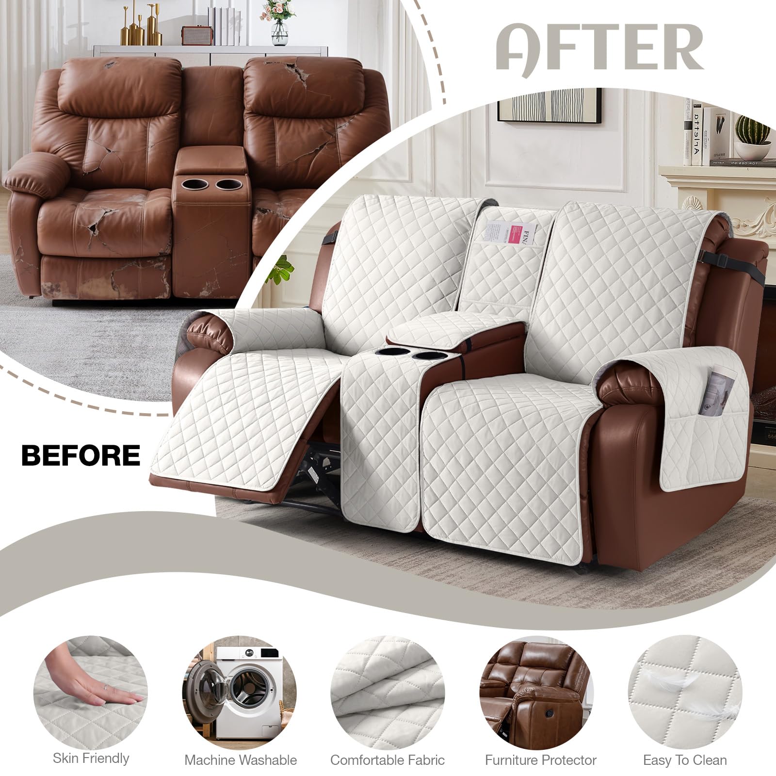 Funda 100% impermeable para sofá biplaza reclinable con consola, fundas antideslizantes para sofá reclinable de 2 asientos, protector de muebles con correas elásticas para niños, mascotas, 4