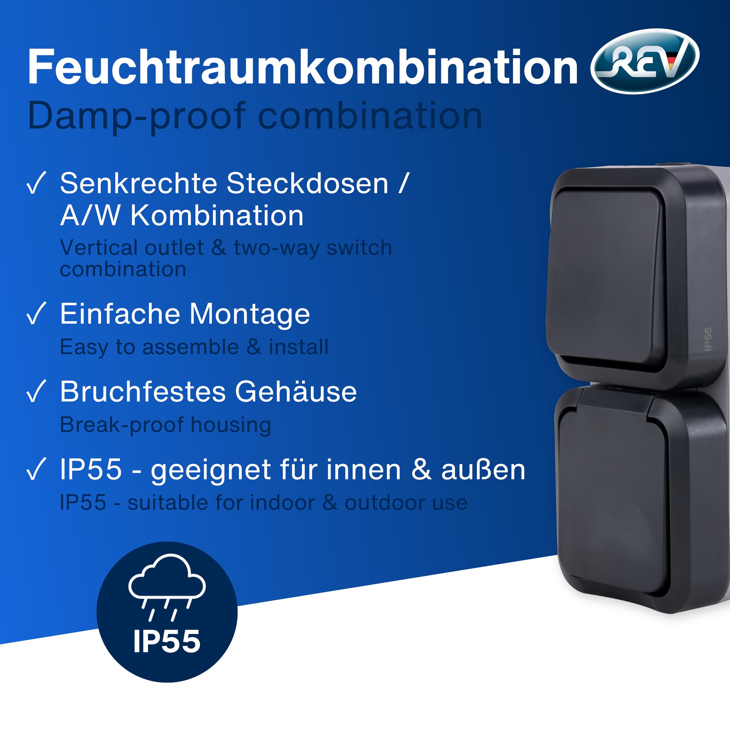 REV AquaStorm - Juego de 5 enchufes con interruptor de luz, para ambientes húmedos, IP55, vertical, 230 V, 16 A, antracita
