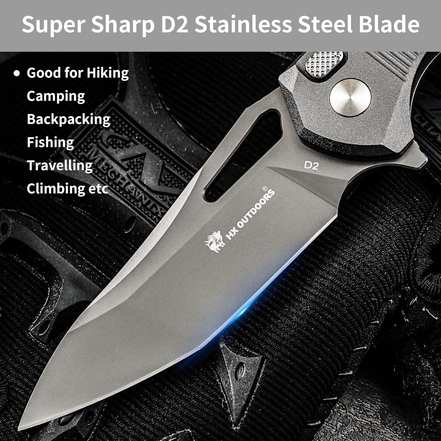 HX OUTDOORS Pocket Folding Knife with Lock Clip, Premium D2 Steel Foldable EDC Camping Knife with Non Slip Aluminium Alloy Handle for Men，Outdoor, Survival, Camping, Hiking