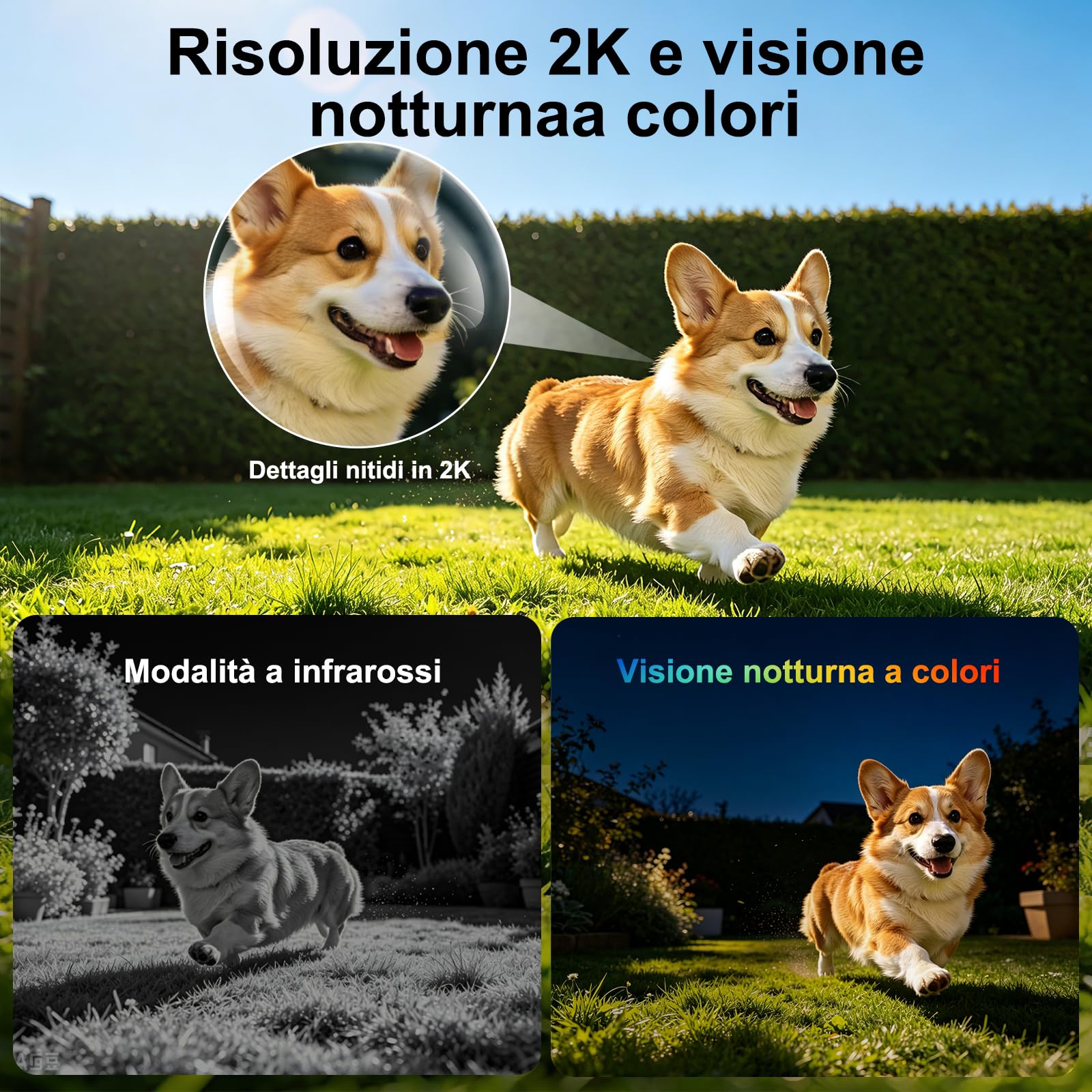 2K Telecamera Solare Esterna Senza Fili WiFi 6 2.4/5GHz, Senza Costi