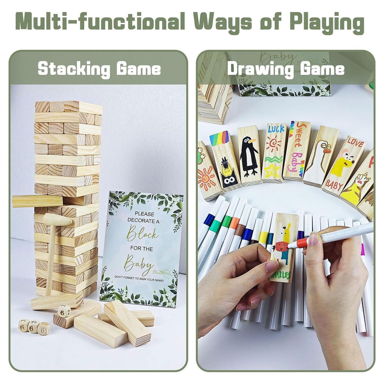 Kit Pittura Blocchi di Legno per Giochi Baby Shower con 48 Blocchi 12 Pennarelli e 42 Sagome per Feste