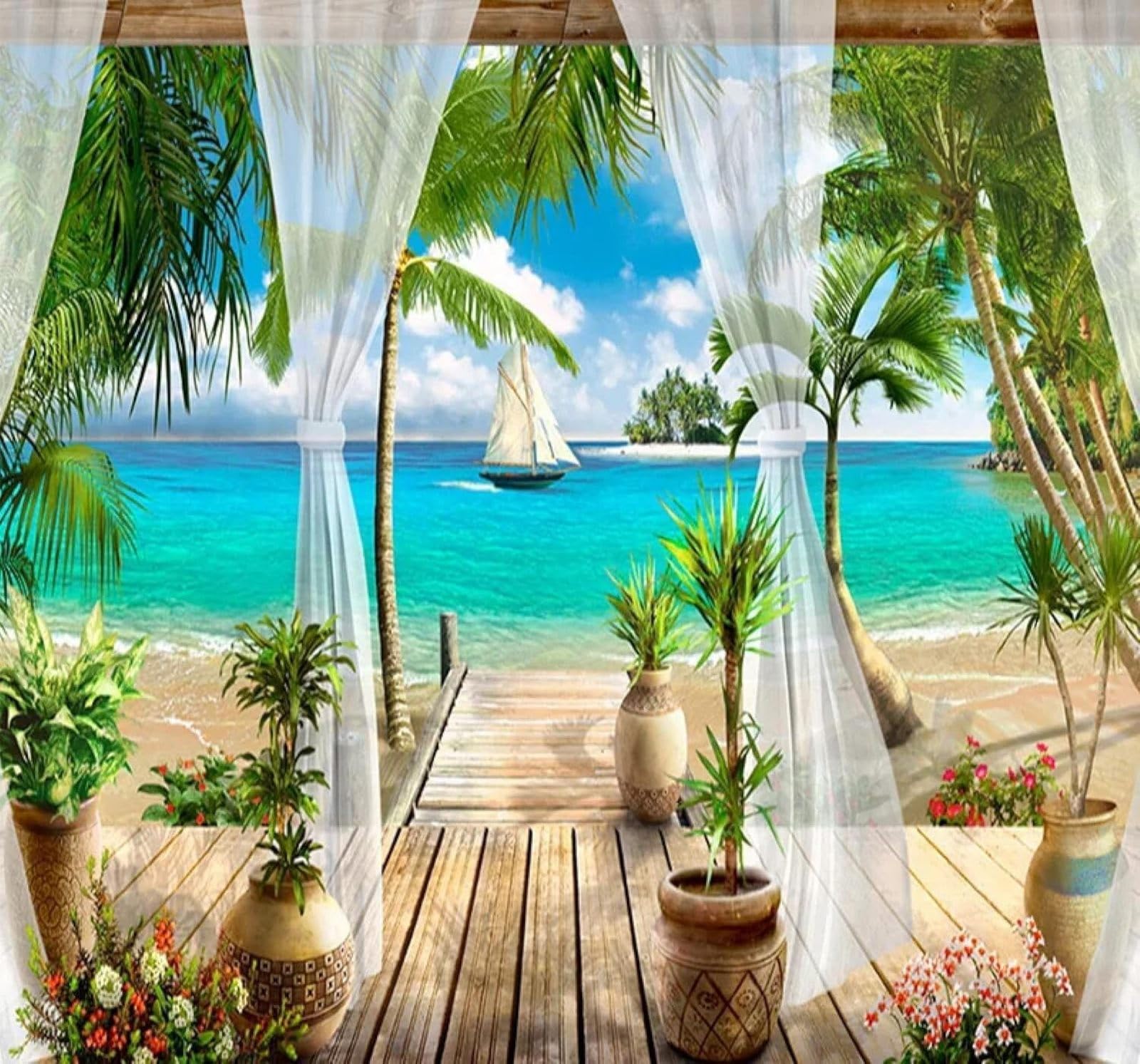 3D Papel Pintado Pared Fresco Mar Isla Balcón Vista Al Mar