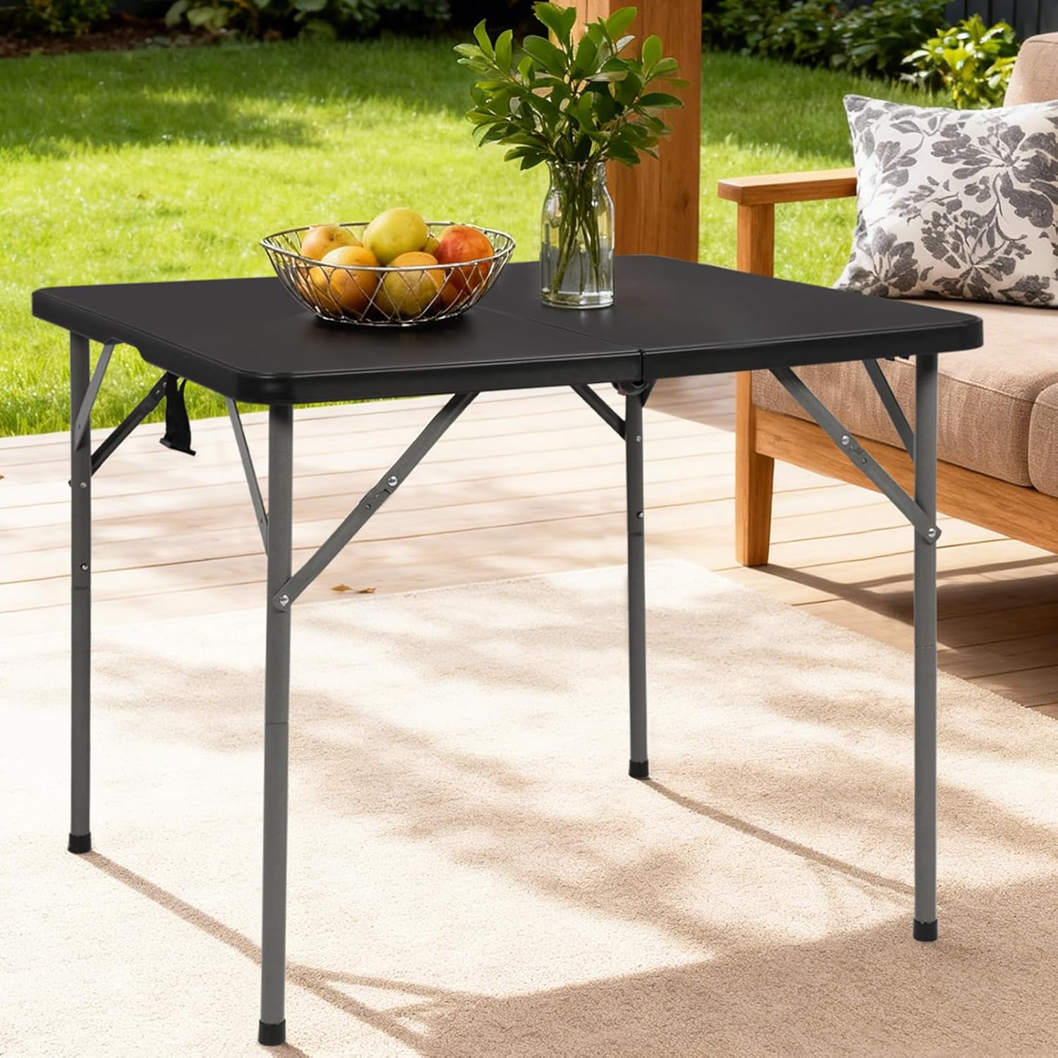 34" Square Folding Card Table, Fold-in-Half Utility Dining Portable Tables Heavy Duty HDPE Plastic Foldable Table with Carrying Handle Indoor Outdoor for Picnic, Camping, Party, Black
