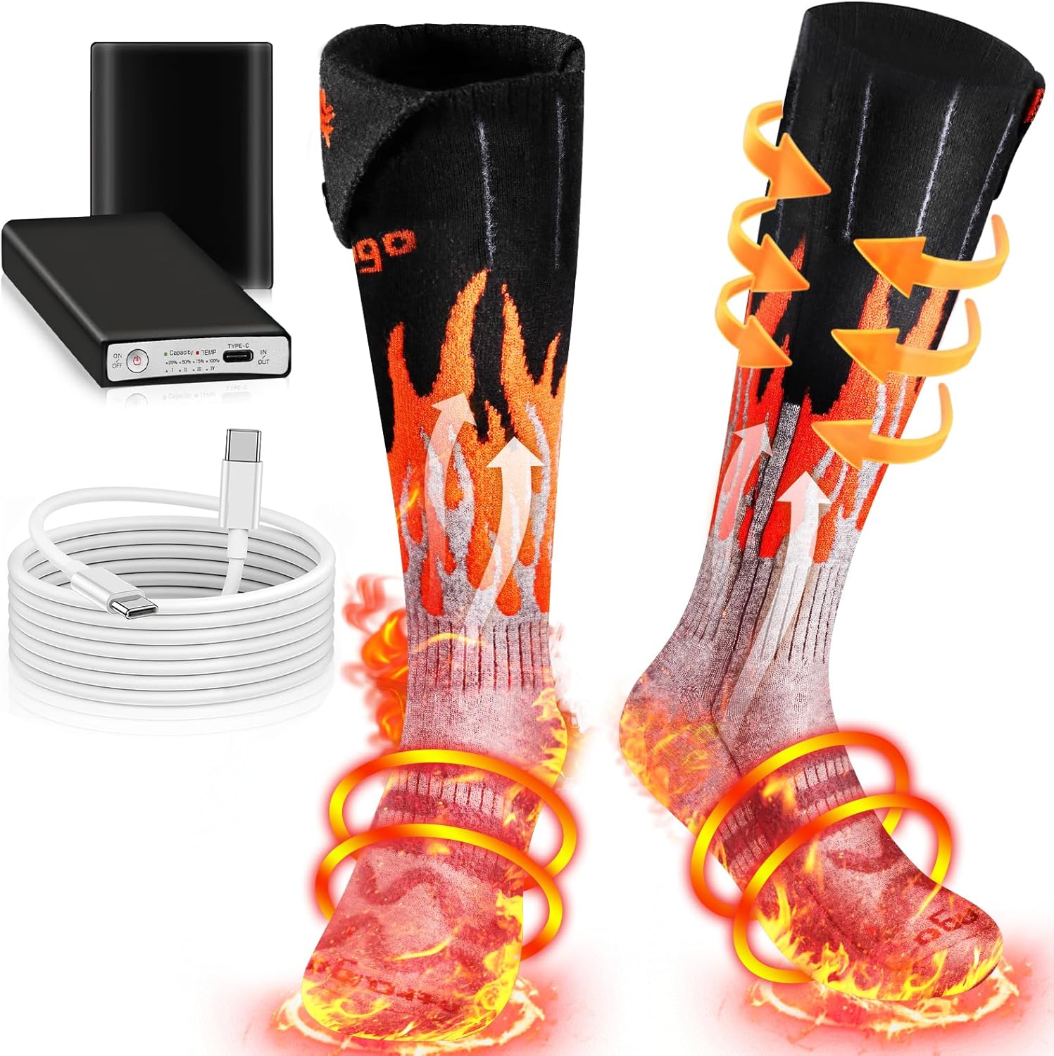 Heated Socks for Men Women, 5000mAh*2 Rechargeable Washable Electric Heated Socks Up to 10 Hours with 4 Heat Settings, 360° Surround Washable Heated Socks for Outdoor|Riding|Skiing|Fishing