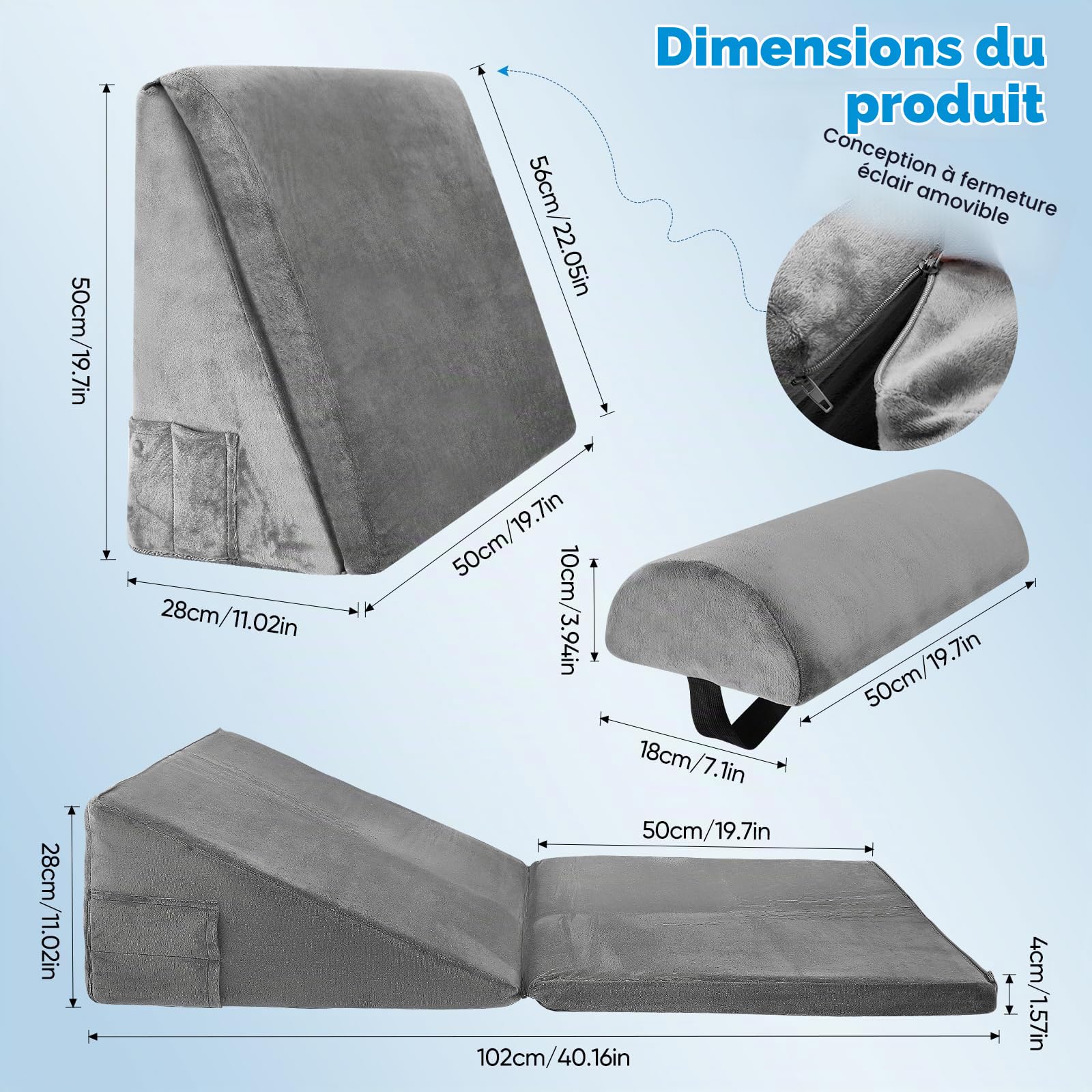 Coussin incliné pour lit, Coussin tTriangulaire en Mémoire de Forme pour l'apnée du Sommeil, Coussin de Lecture pour Lit pour l'apnée du Sommeil, Reflux Acide, l'élévation des Jambes, Gris