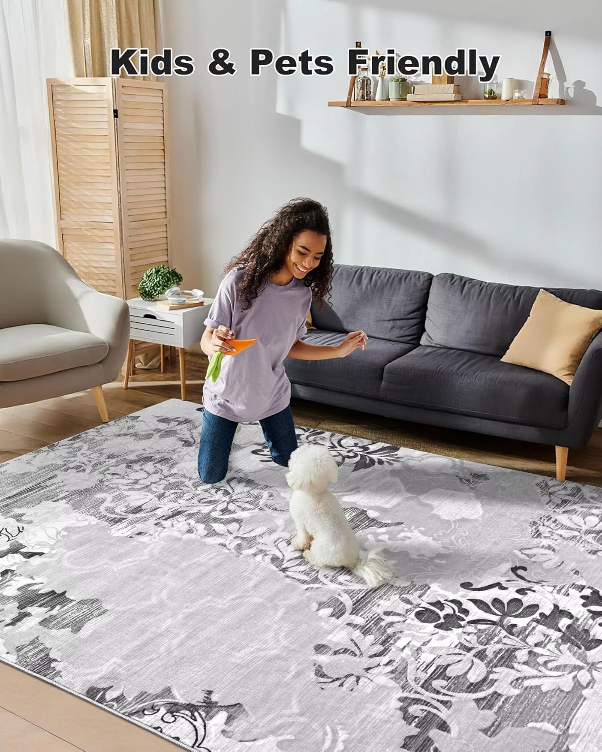 Macgace Washable Abstract Rug, 4x6 Classic Grey and White Floral Area Rugs with Non-Slip Rubber Backed for Bedroom, Low Pile Modern Throw Carpet Kitchen Living Room Decor