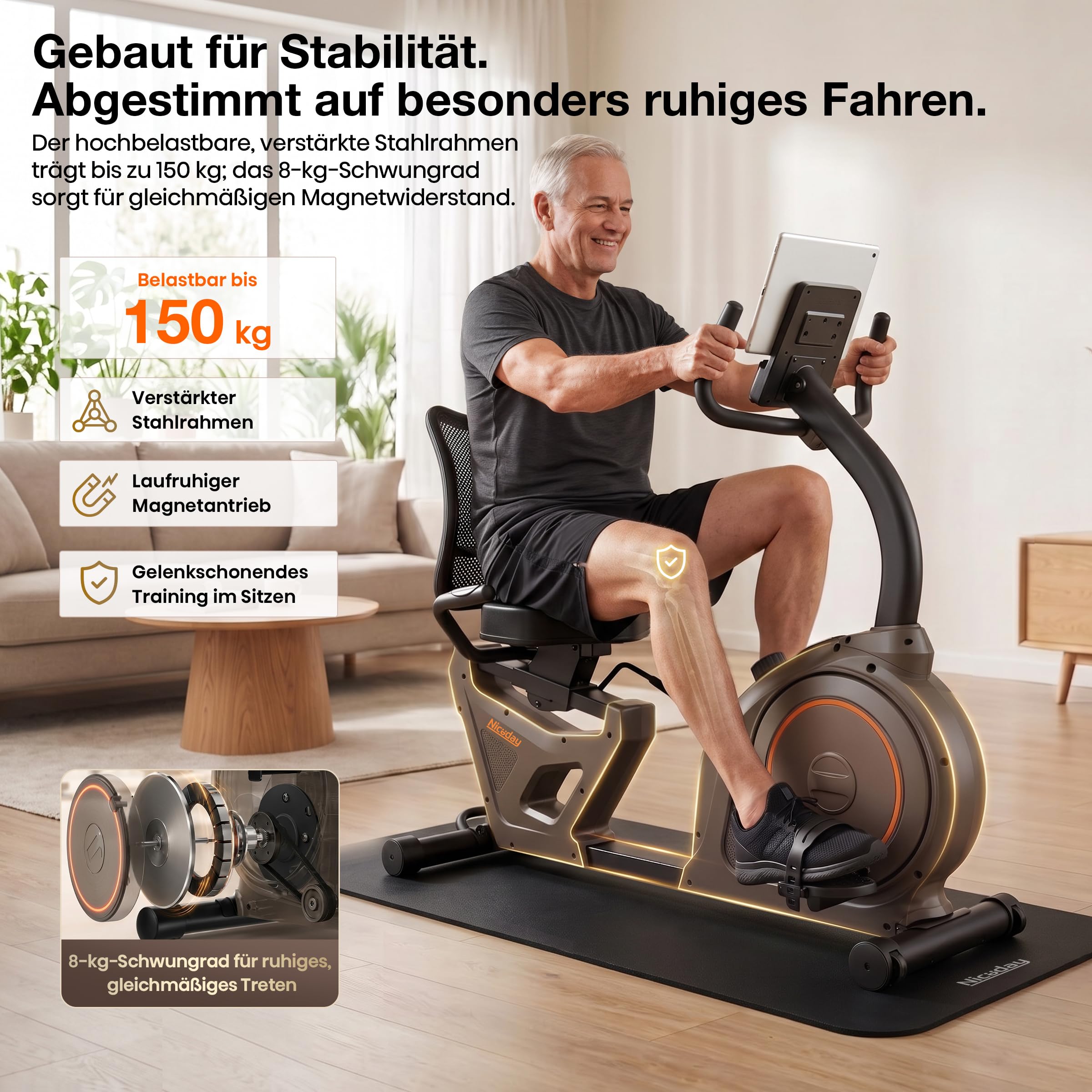 Niceday Liegeergometer für Senioren & Reha, 150kg Belastbar & 90% Vormontiert. Leiser Heimtrainer, Tiefer Einstieg, 16 Stufen, Ergonomischer Sitz & Rückenlehne – Geschenk für Mama & Papa