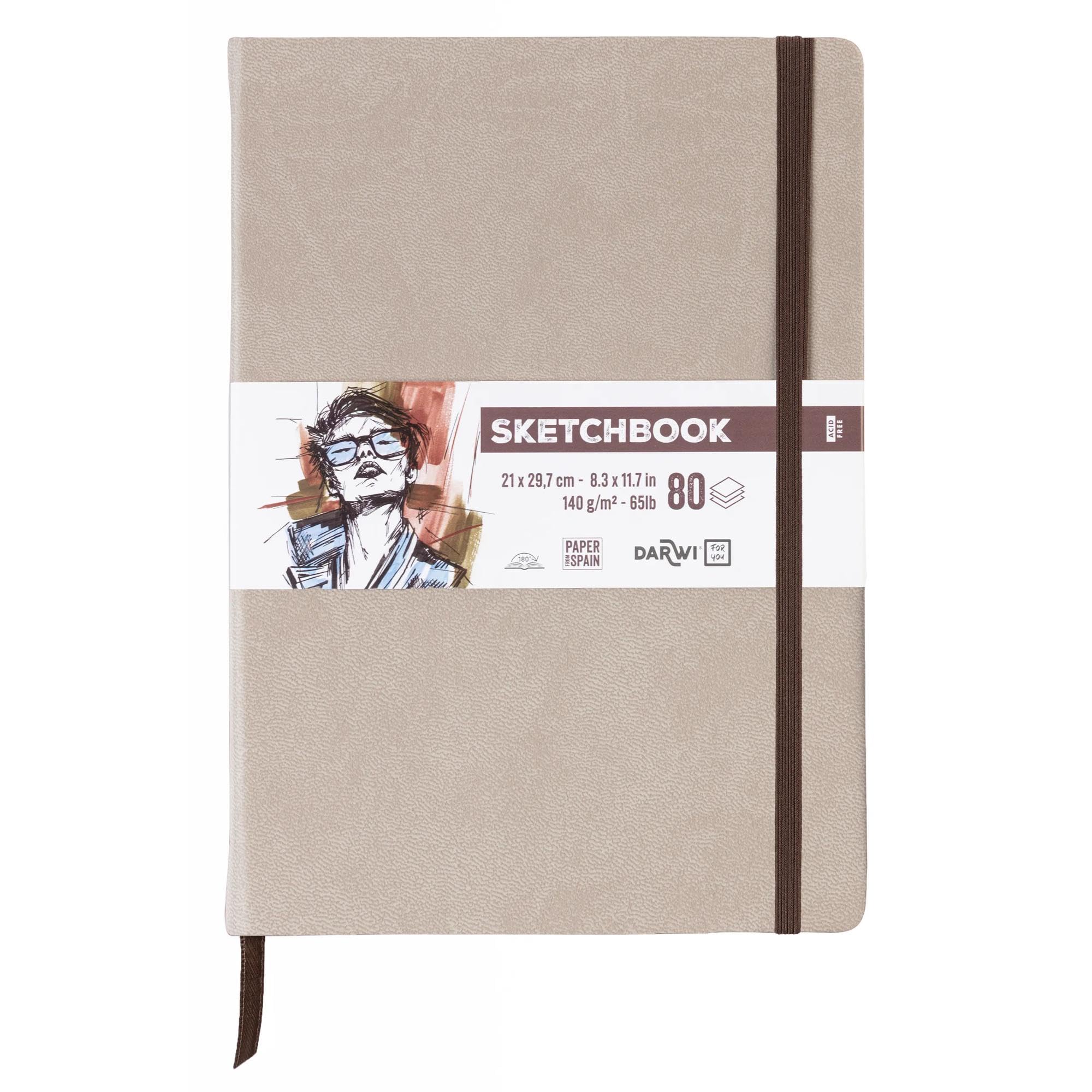 Darwi for You DF80021290004C - Carnet Cousu Sketchbook A4 21x29,7 cm 140g - 80 Feuilles Papier Dessin Blanc - Couverture Rigide Taupe