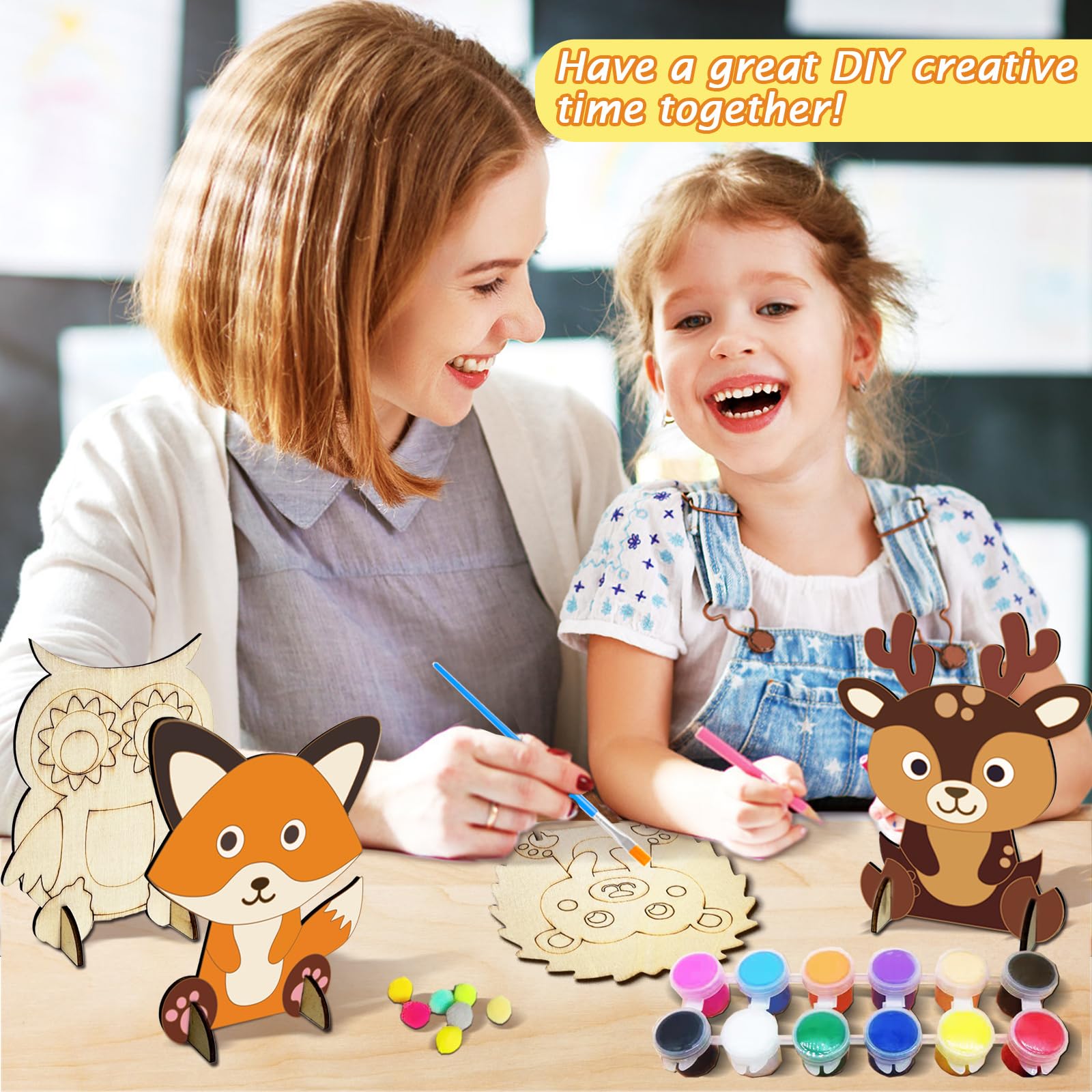 HILKKET Igel Bastelset für Kinder, 12 Pcs Herbst Anhänger Holz Deko mit Pigmente, 3D Eule Holzbastelsets, Herbst Basteln Kinder zum Basteln und Bemalen Fuchs, Elch, Eichhörnchen, Waschbär Jesienne