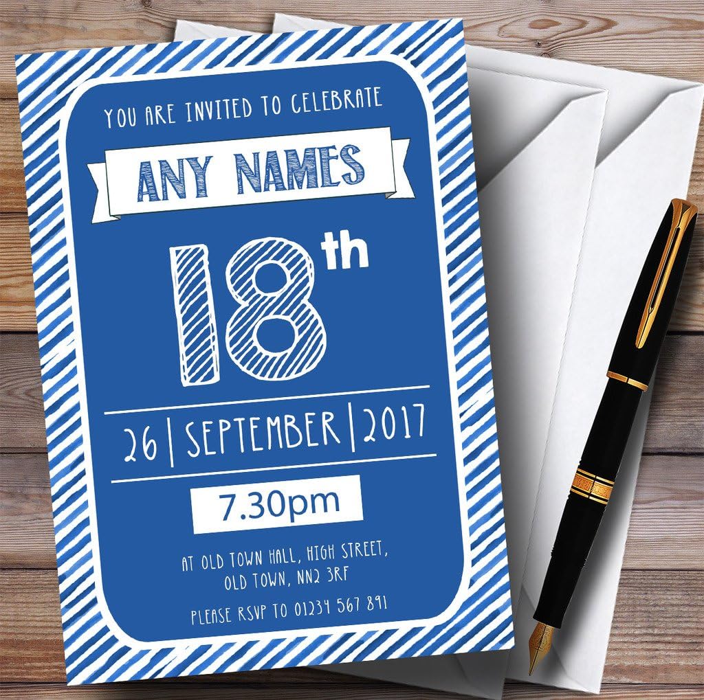Blue & White Stripy Deco 18th Personalized Birthday Party Invitations